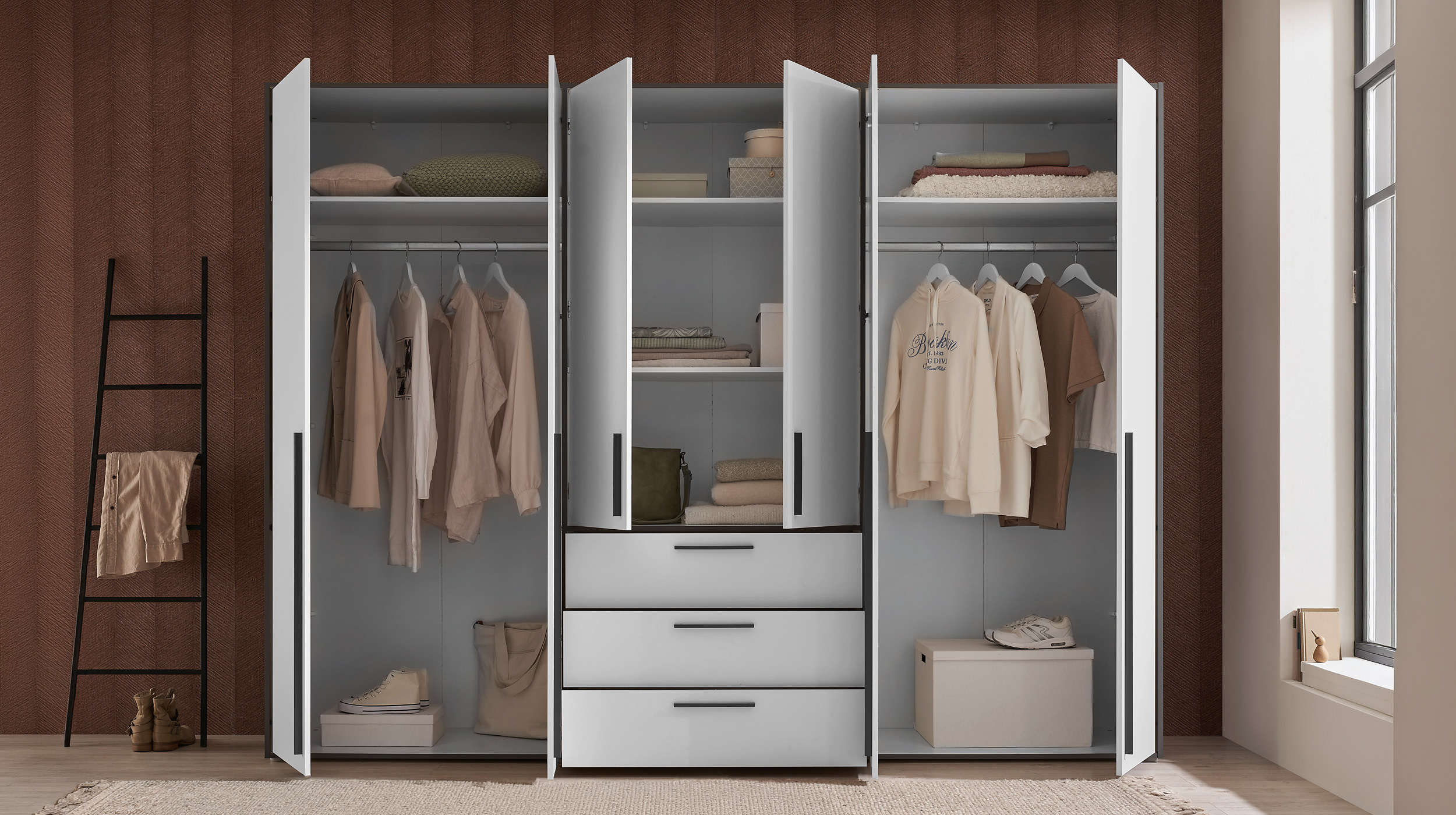 Kleiderschrank mit Schubladen weiß graphit 270 cm 6-türig - LATTARI 