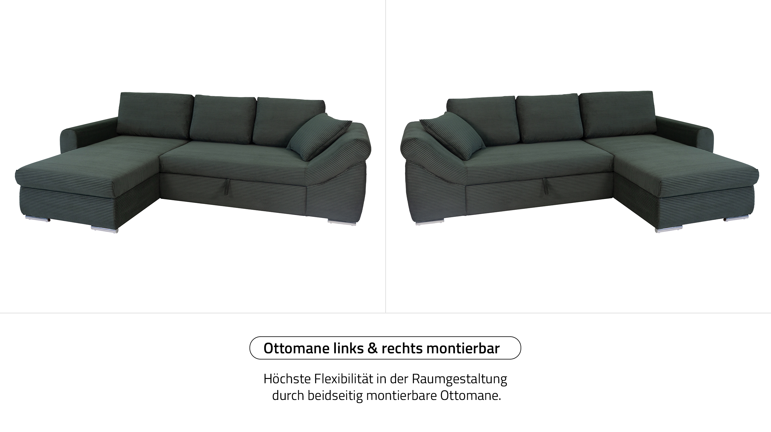 Ecksofa Schlaffunktion Bettkasten grün Cord 261 cm - RAMONA