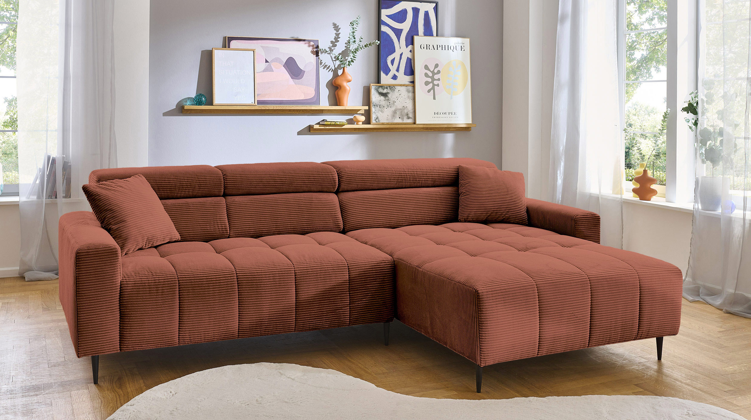 Ecksofa Cord rost ausziehbar - Sitztiefenverstellung 256 cm - OT rechts - SIMPLE Ecksofa Cord rost ausziehbar - Sitztiefenverstellung 256 cm - OT rechts - SIMPLE