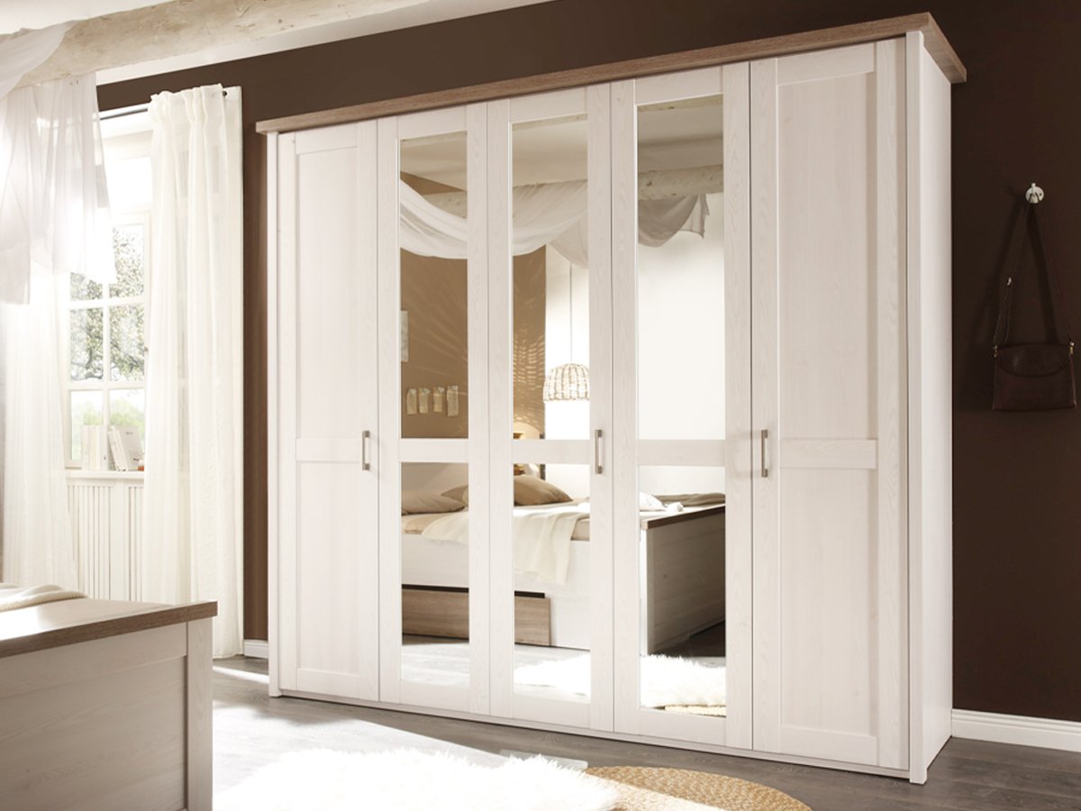 Kleiderschrank mit Spiegel - Pinie weiß - Trüffel -  241 cm Pinie - LUCA