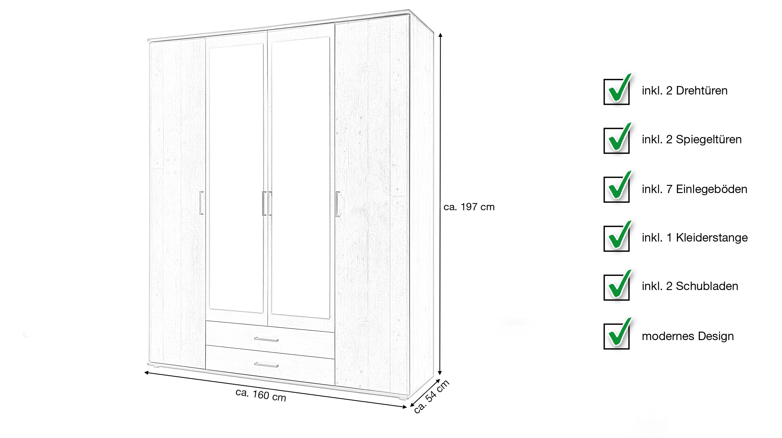 Kleiderschrank mit Spiegel - Old Style - grau - 160 cm - CHICAGO