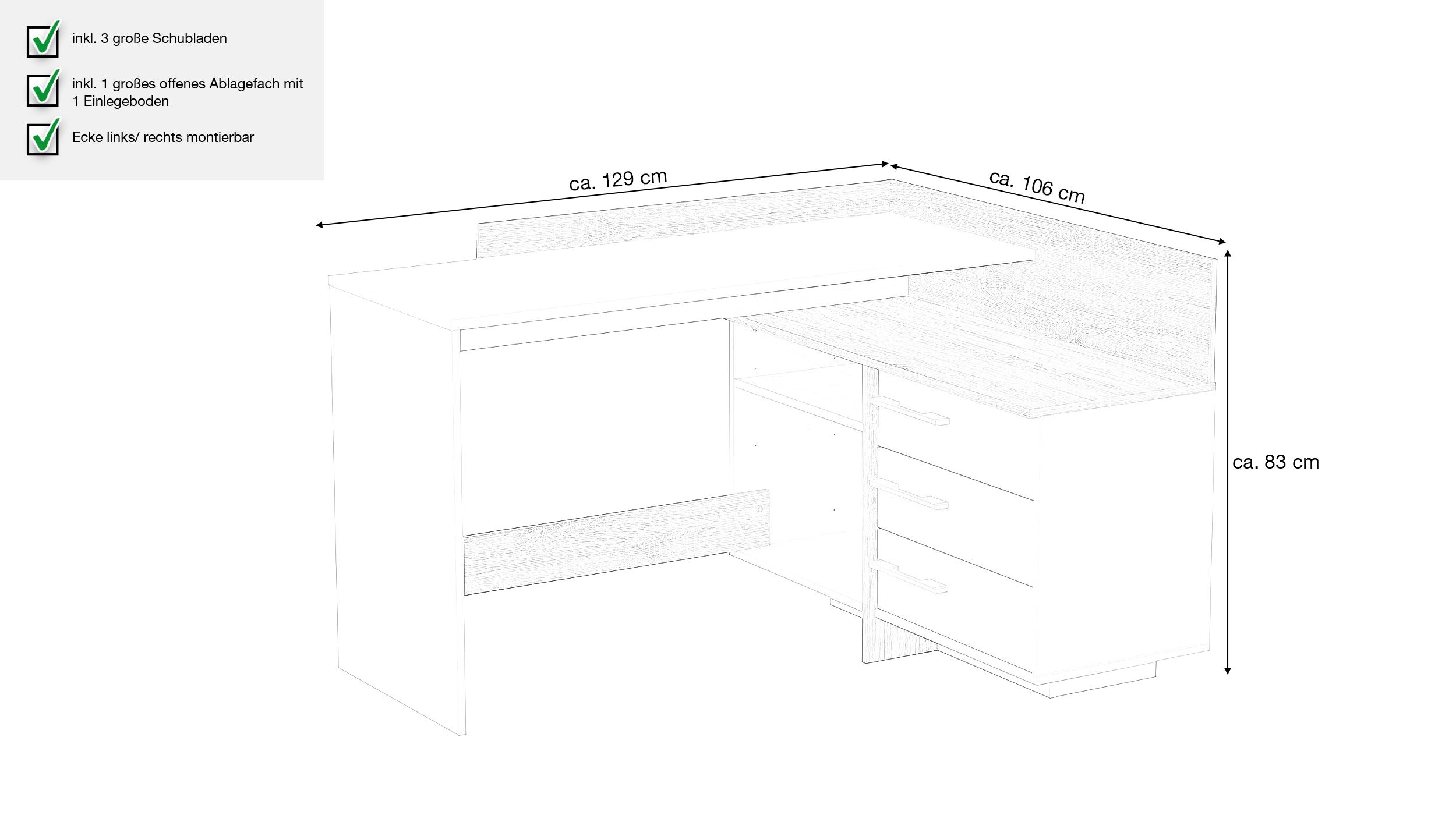 Eck-Schreibtisch Sonoma Eiche weiß 129 x 106 cm - THALES 