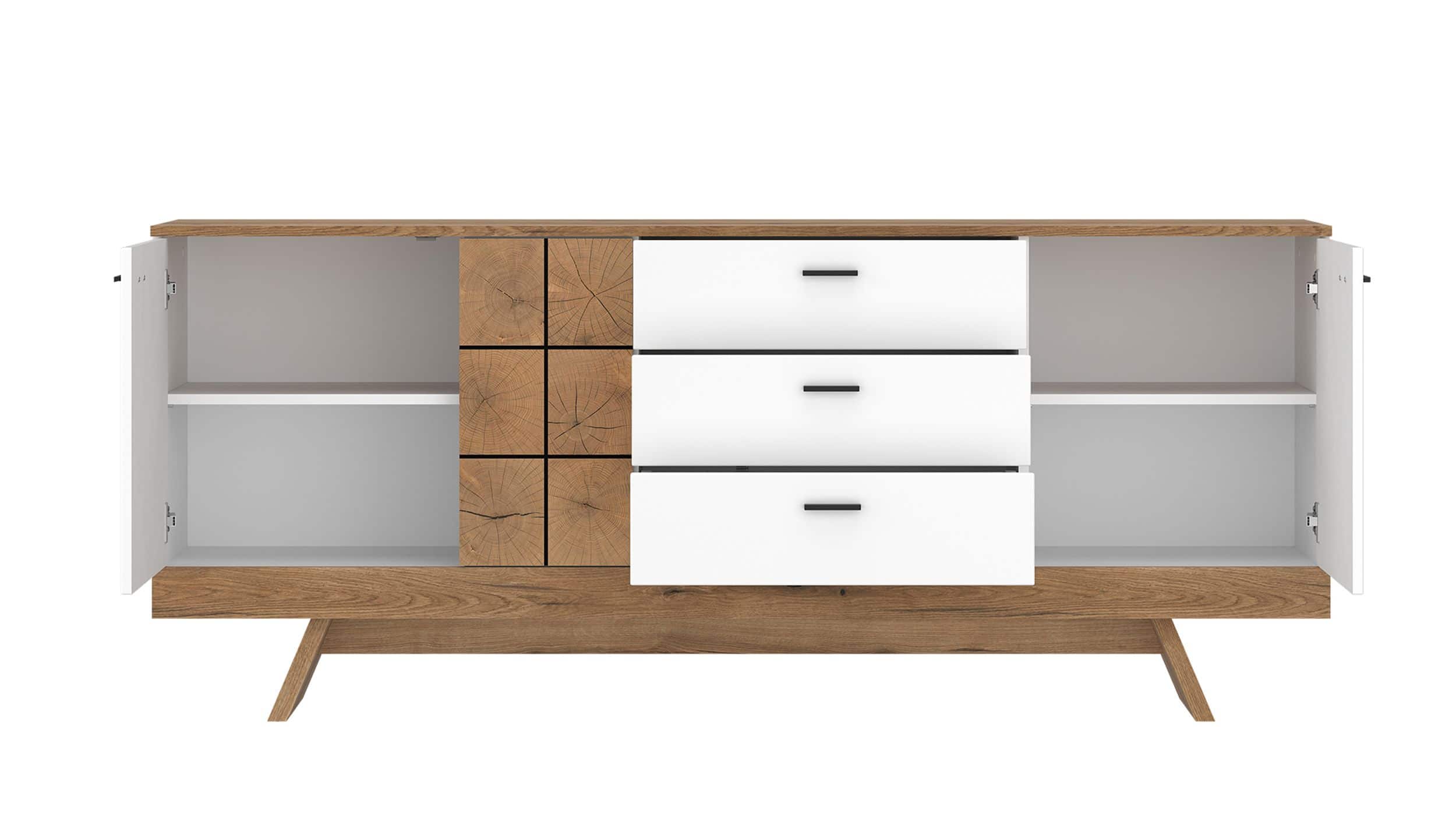 Sideboard mit 3 Schubladen weiß Hochglanz - Eiche 184 cm - ORETA
