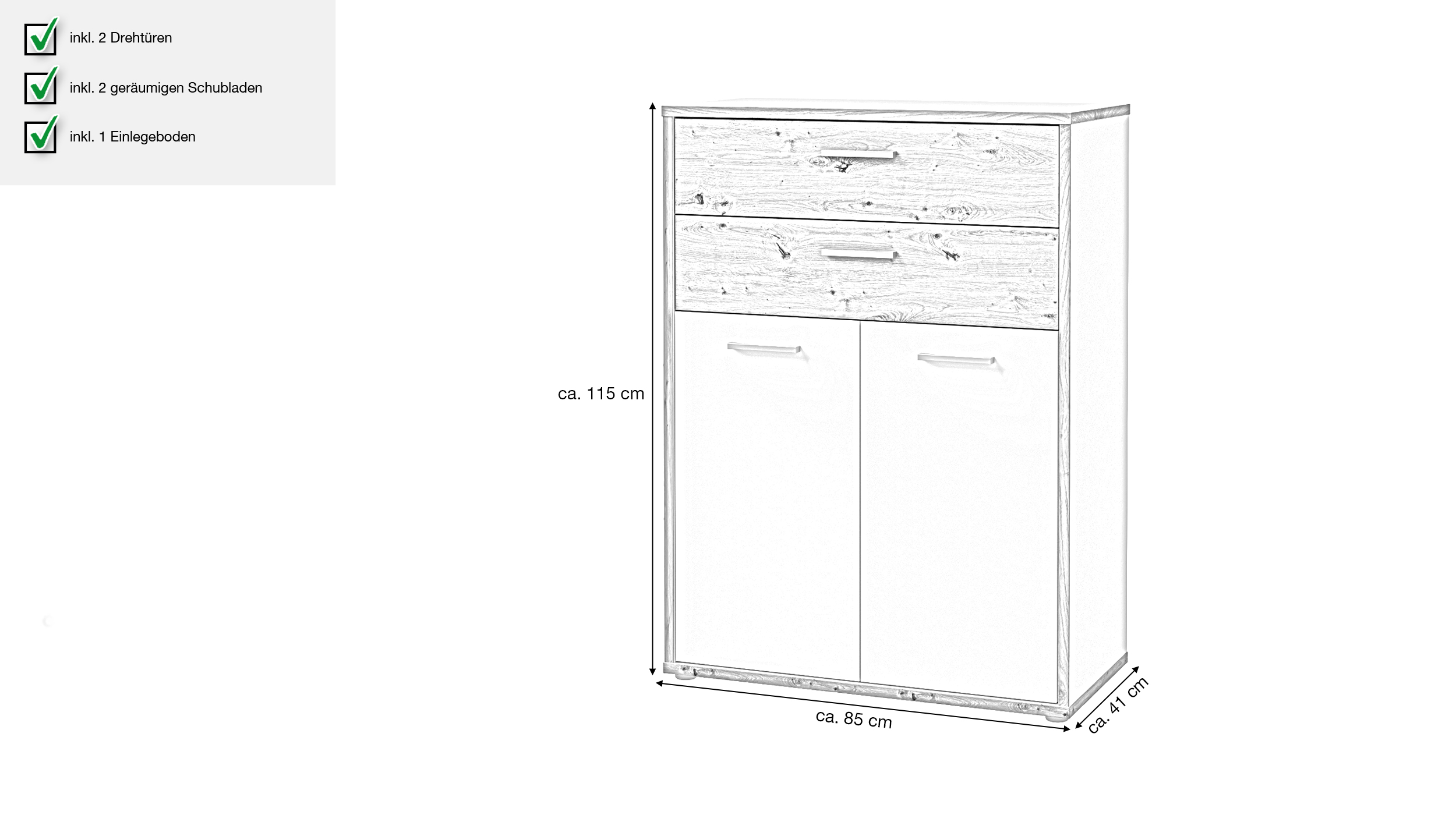 Kommode weiß - Artisan Eiche 85 x 115 cm - KEFLAVIK