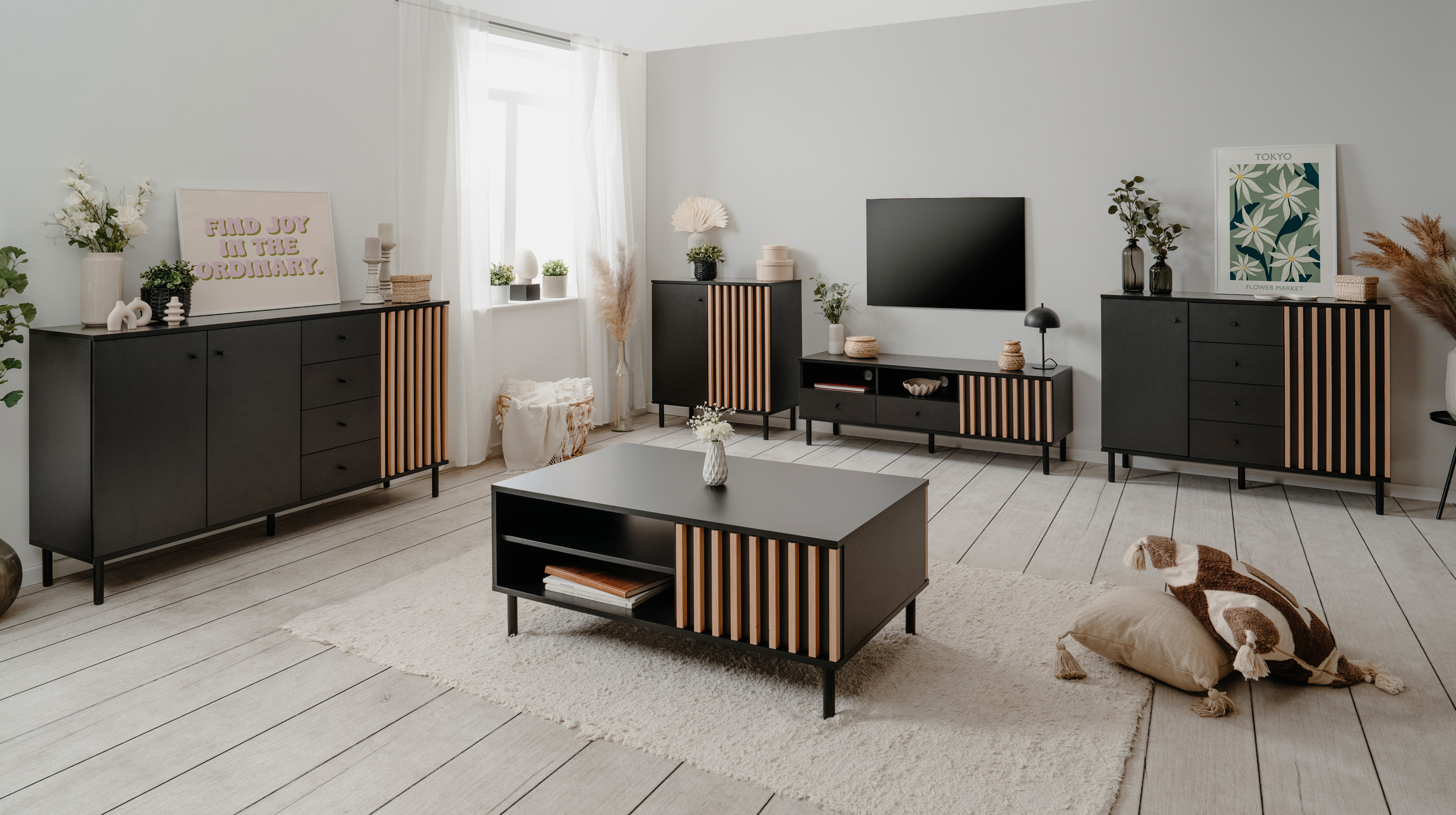 Sideboard schwarz Artisan Eiche - 4 Schubladen 160 cm - MONZA