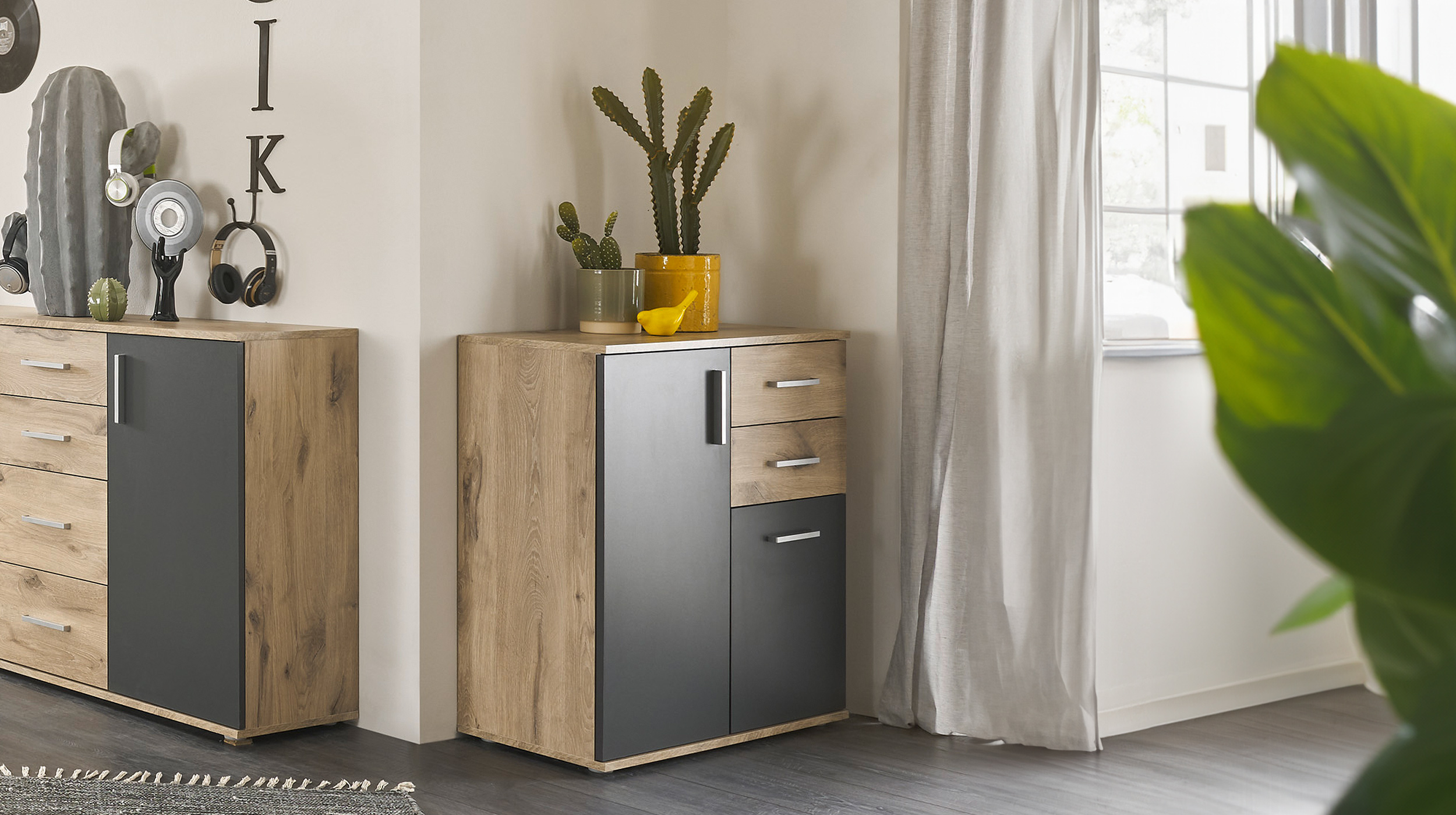 Kommode Viking Oak - grau 80 x 84 cm 2 Schubladen - BOBBY
