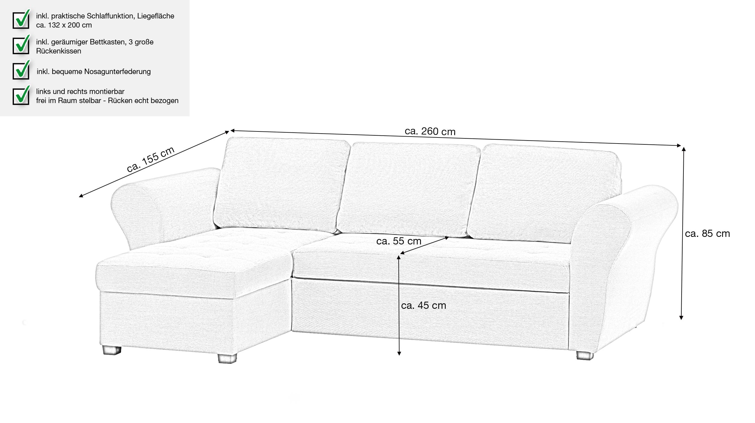 Ecksofa mit Schlaffunktion beige Bettkasten 260 cm - LASSE