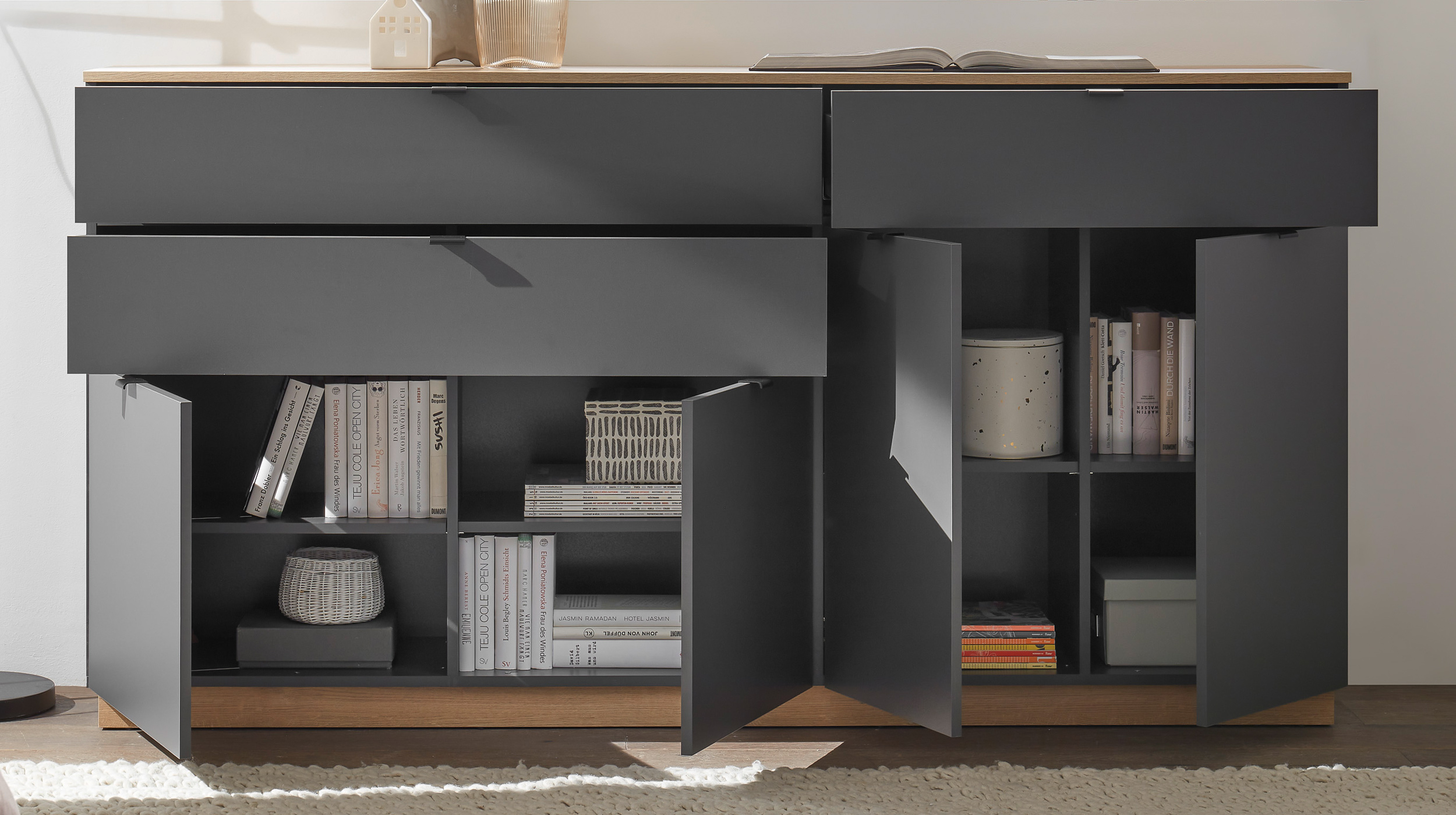 Sideboard mit 3 Schubladen anthrazit - Eiche 191 cm - VINCE