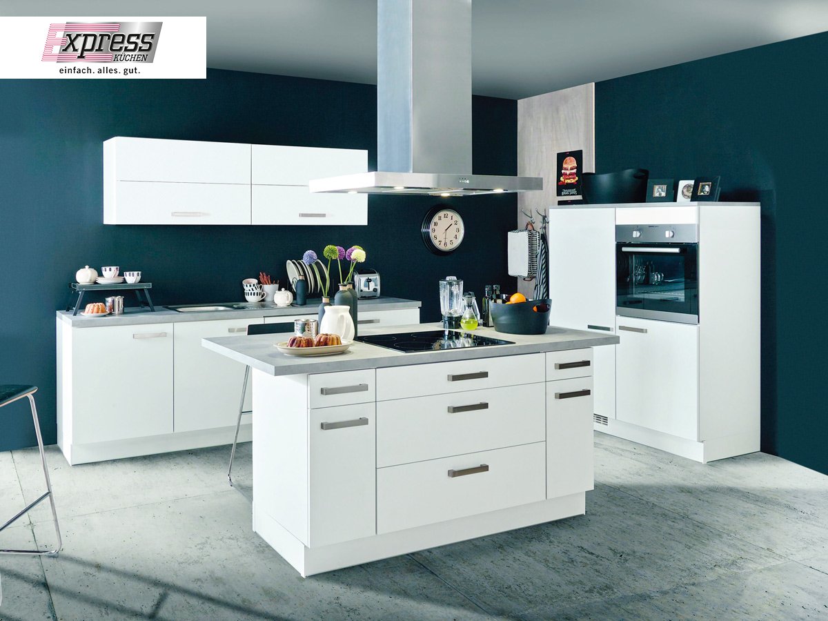 Inselküche 120 x 240 x 150 cm - mit Geräten - Küchenfronten Lack Hochglanz - STAR