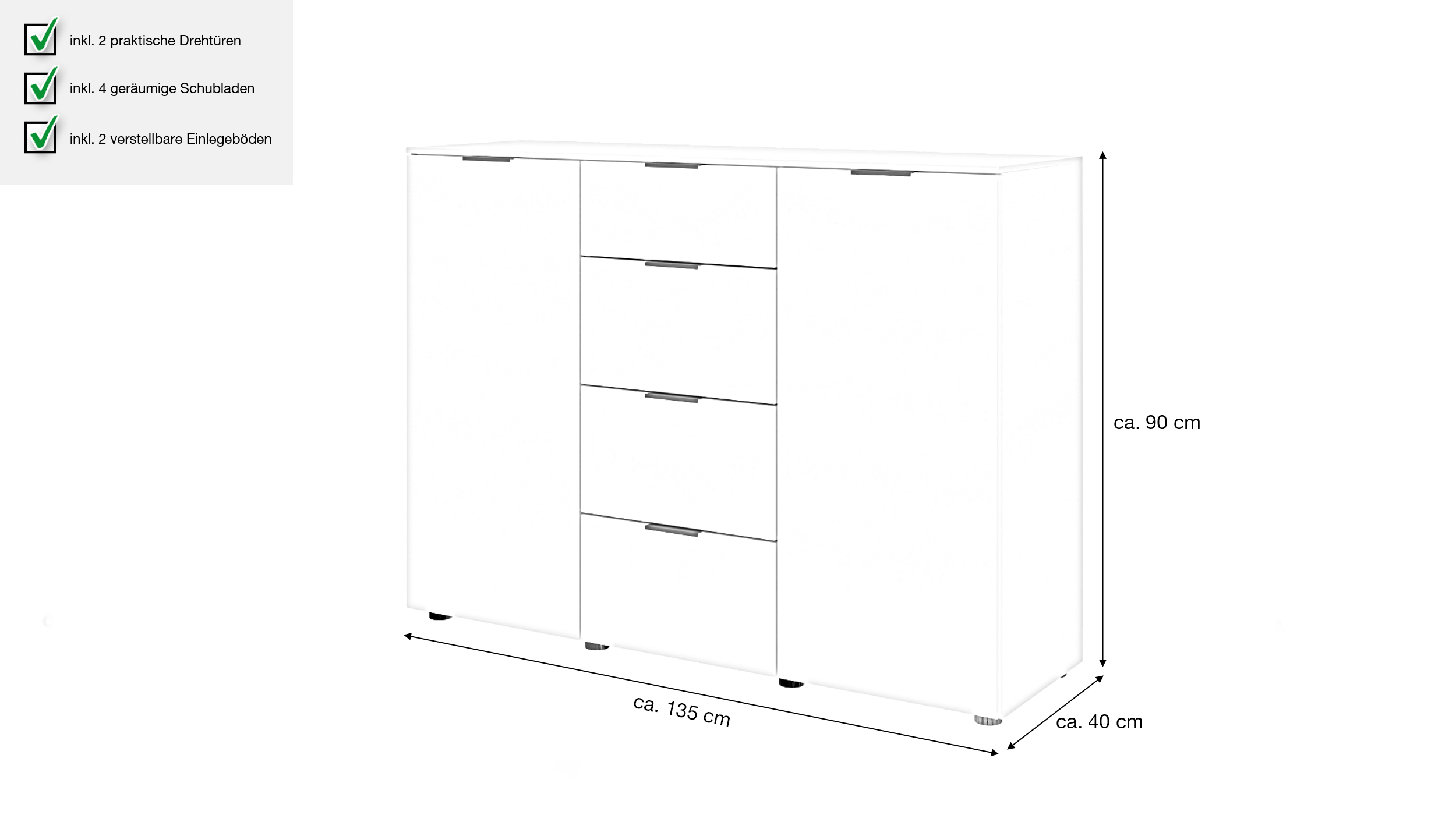Kommode mit 4 Schubladen beige 135 x 40 cm - LINZ