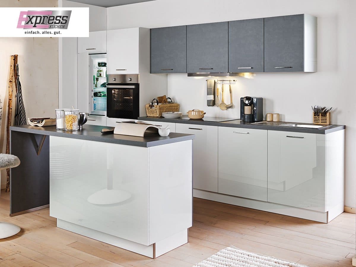 Inselküche 360 x 185 cm - mit Geräten - Küchenfronten Lack Hochglanz - STAR
