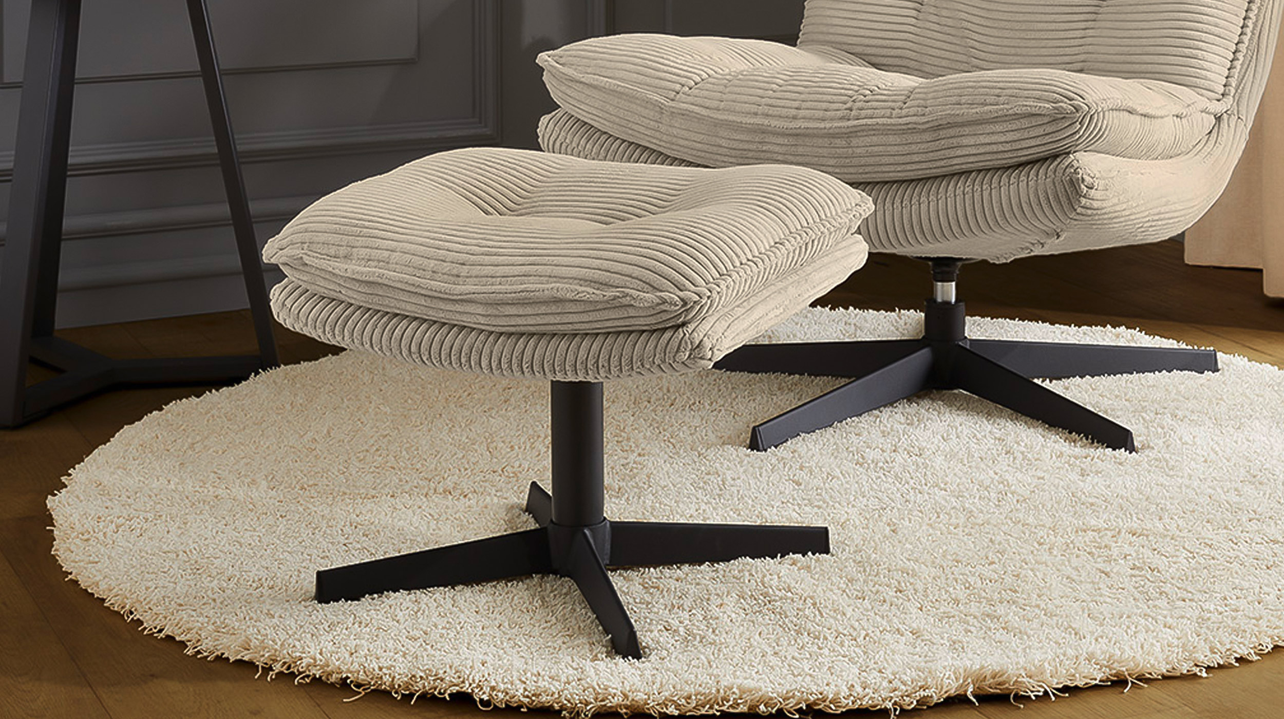 Relaxsessel mit Hocker grau Cord - drehbar - KASPER