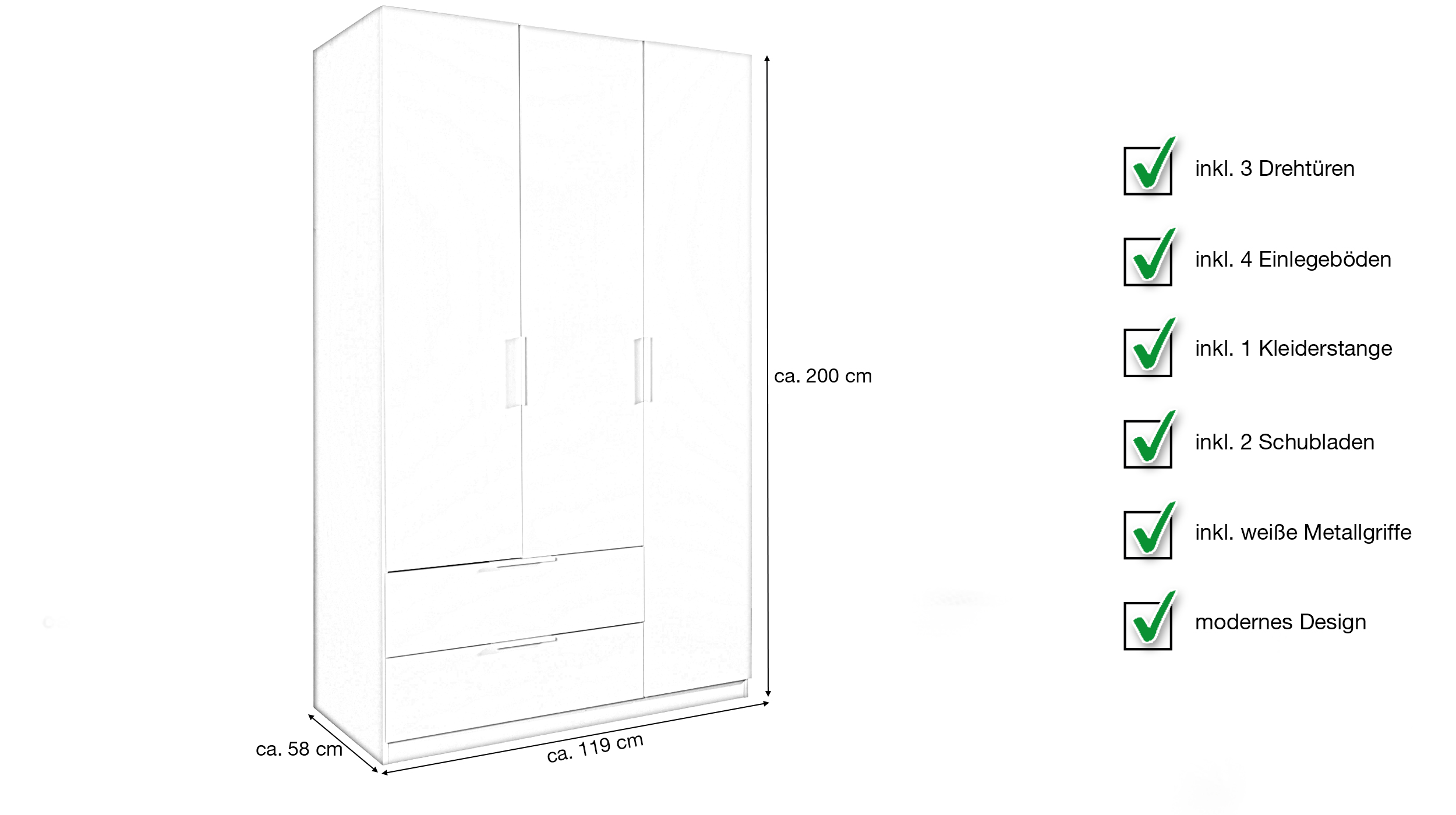 Kleiderschrank weiß hochglanz - Schubladen - 119 cm - ESPRESSO