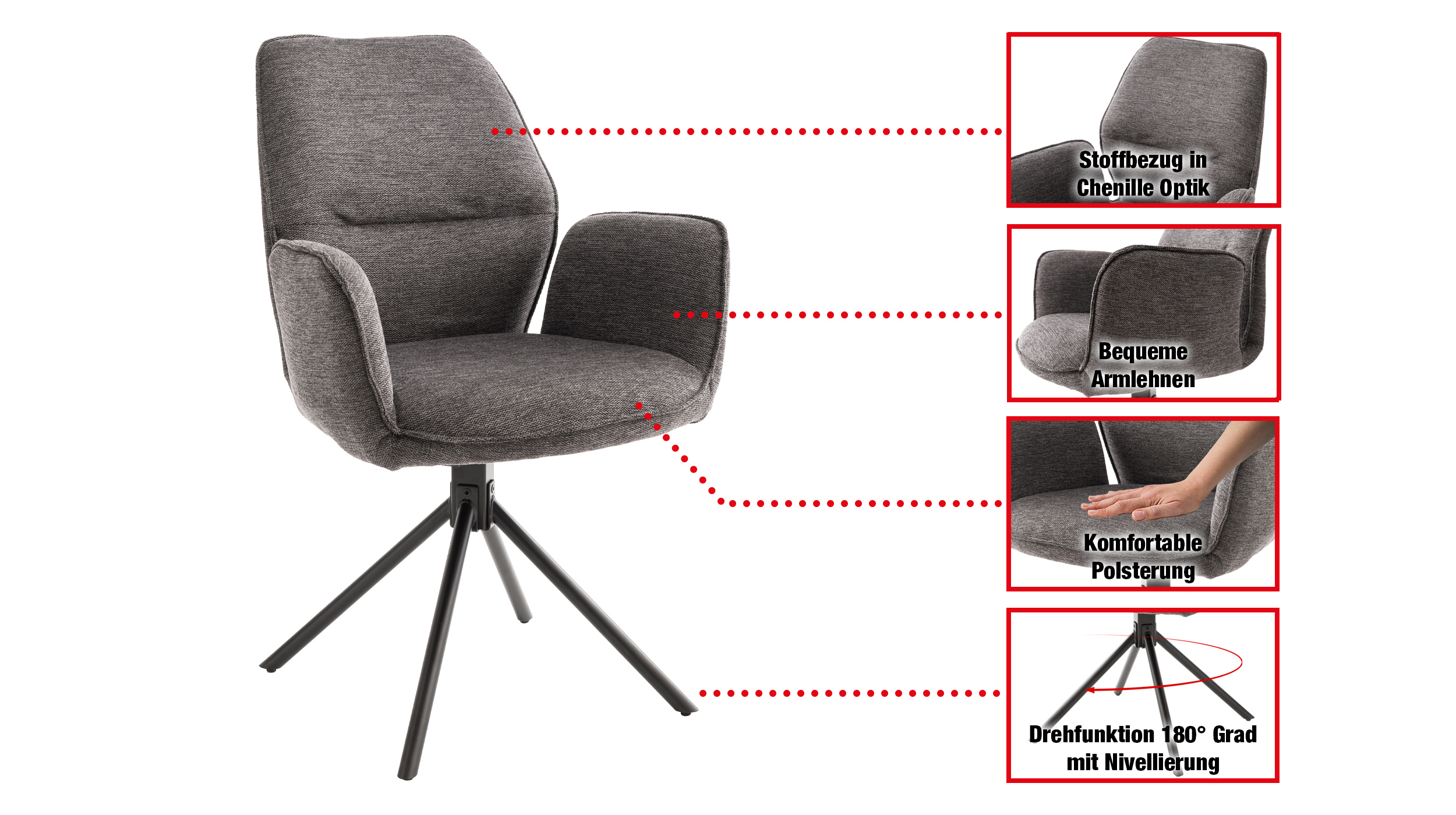 Armlehnstuhl anthrazit Drehstuhl Stoffbezug Chenille Optik - GREYTON