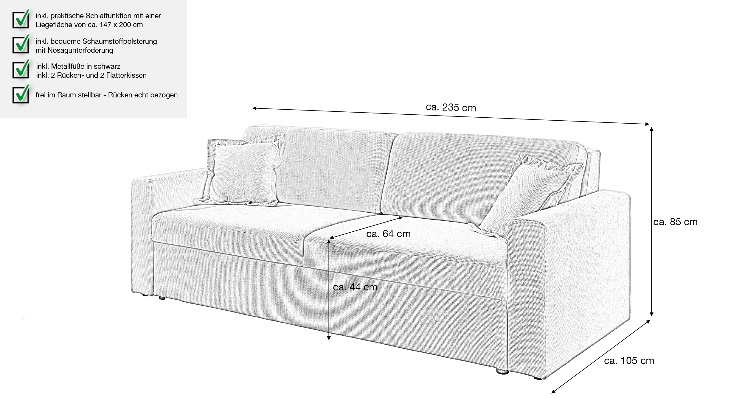 Schlafsofa grau 235 cm - BOXER