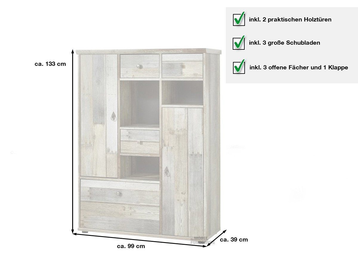 Highboard 99 cm Breite - Driftwood Holznachbildung - BONANZA