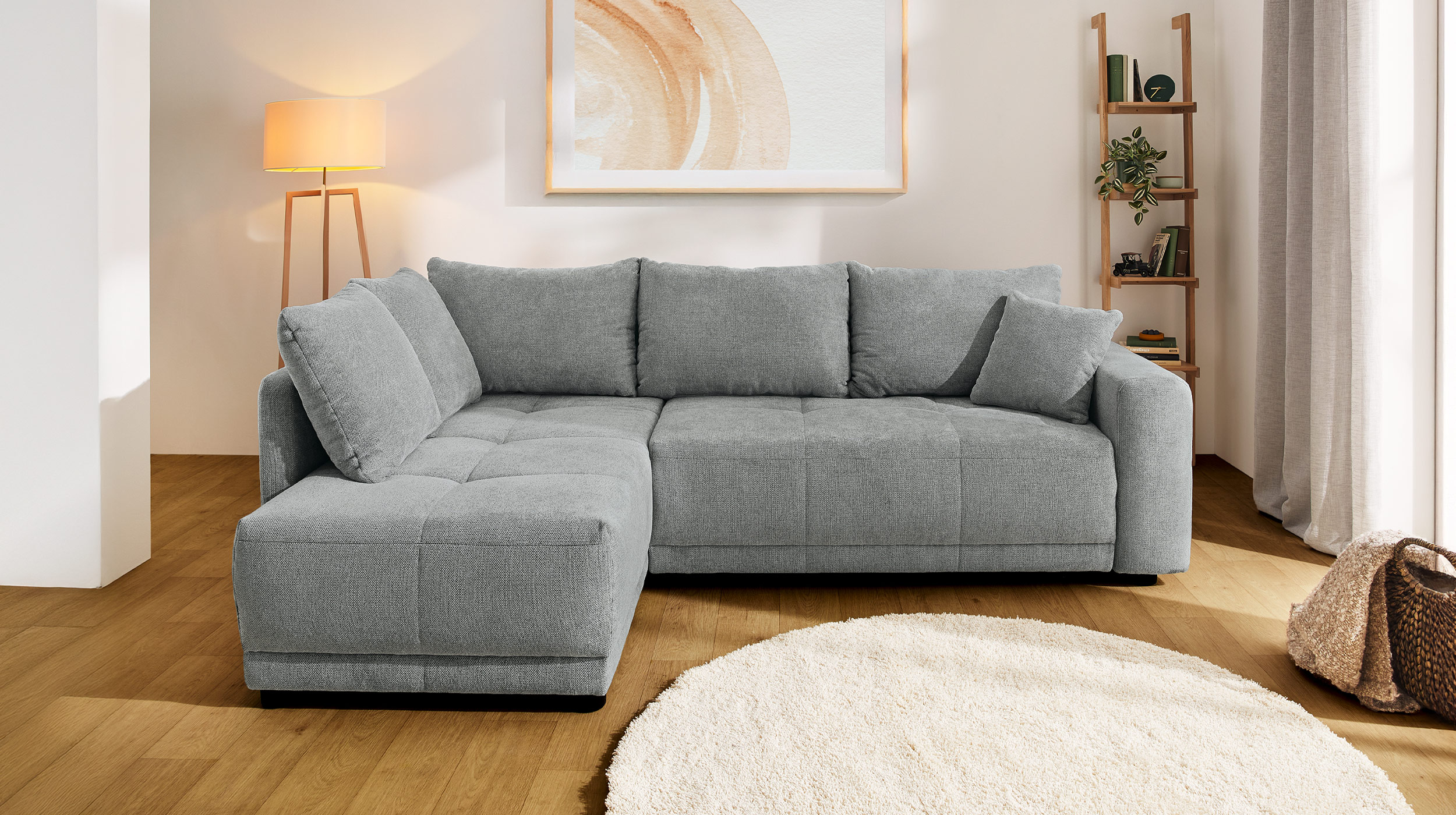 Ecksofa grau Schlaffunktion und Bettkasten 248 x 171 cm - BRAVINO