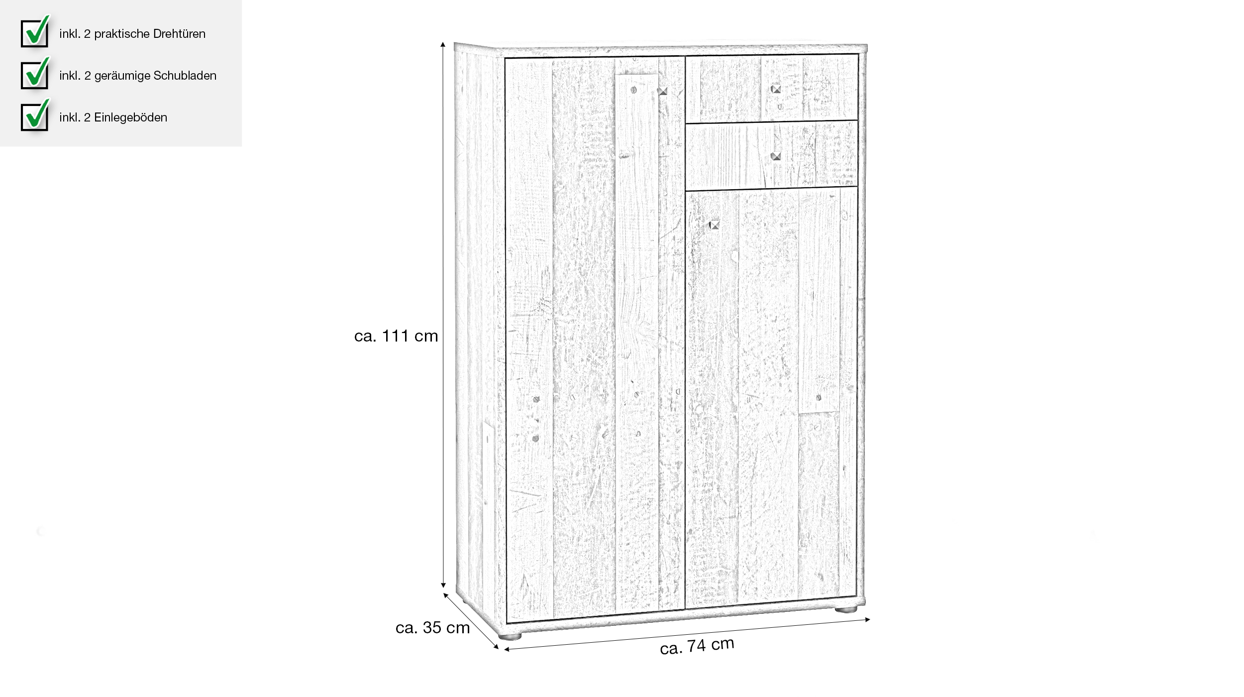Kommode mit Schubladen Old Wood 109 cm - TEMPRA
