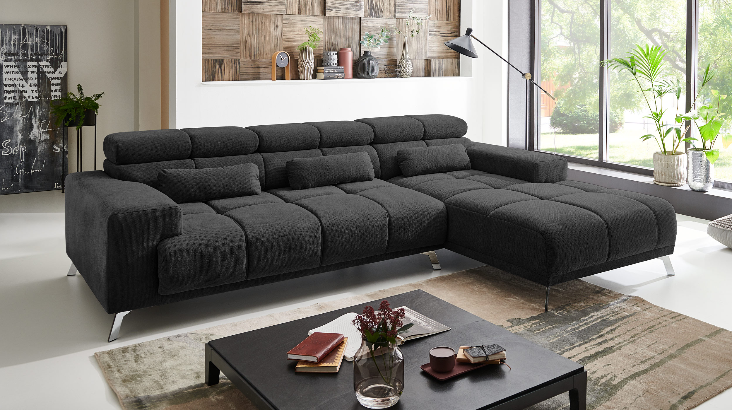 Ecksofa schwarz ausziehbar - Sitztiefenverstellung 285 cm - OT rechts - SPEED