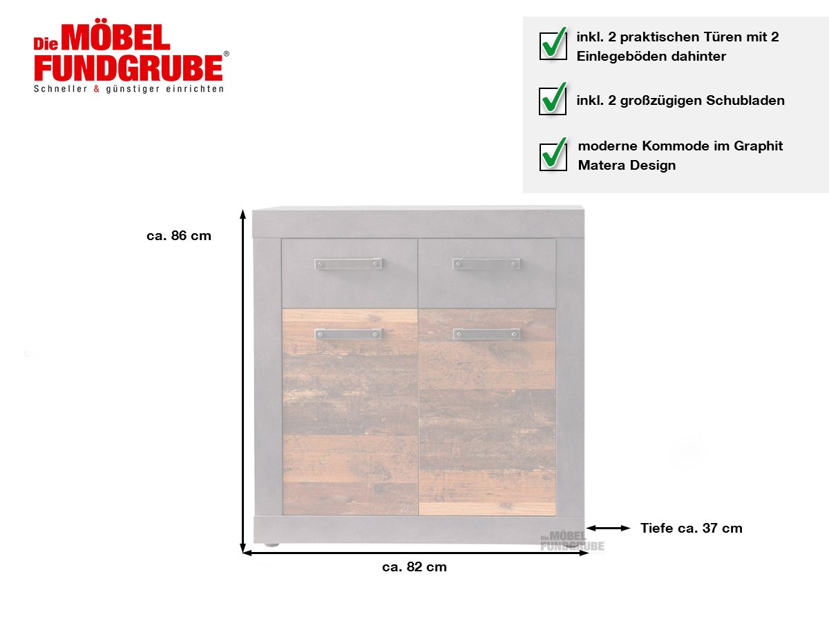 Kommode mit 2 Schubladen Old Wood - Graphit 82 cm - INDY