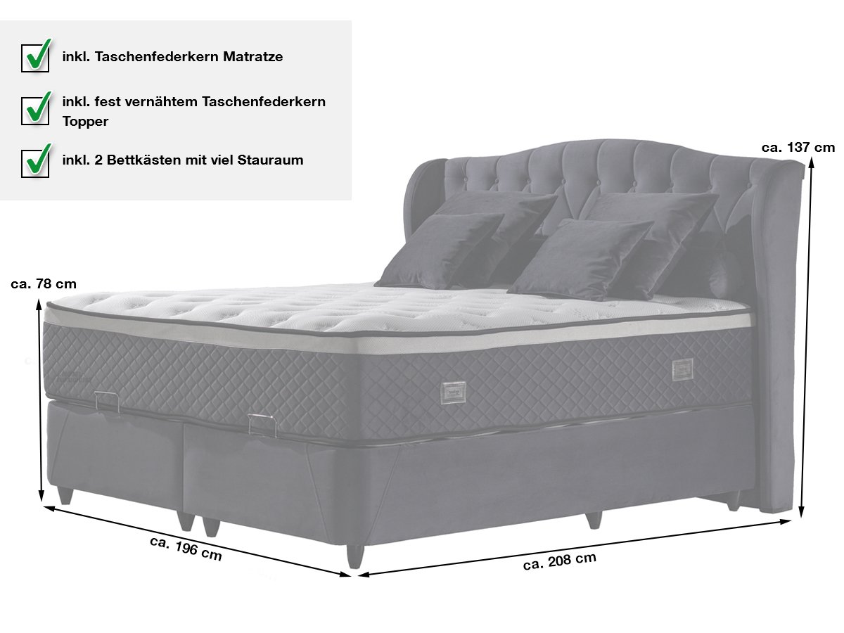 Boxbett 180 x 200 cm grau mit Bettkasten und Topper - INDIGO