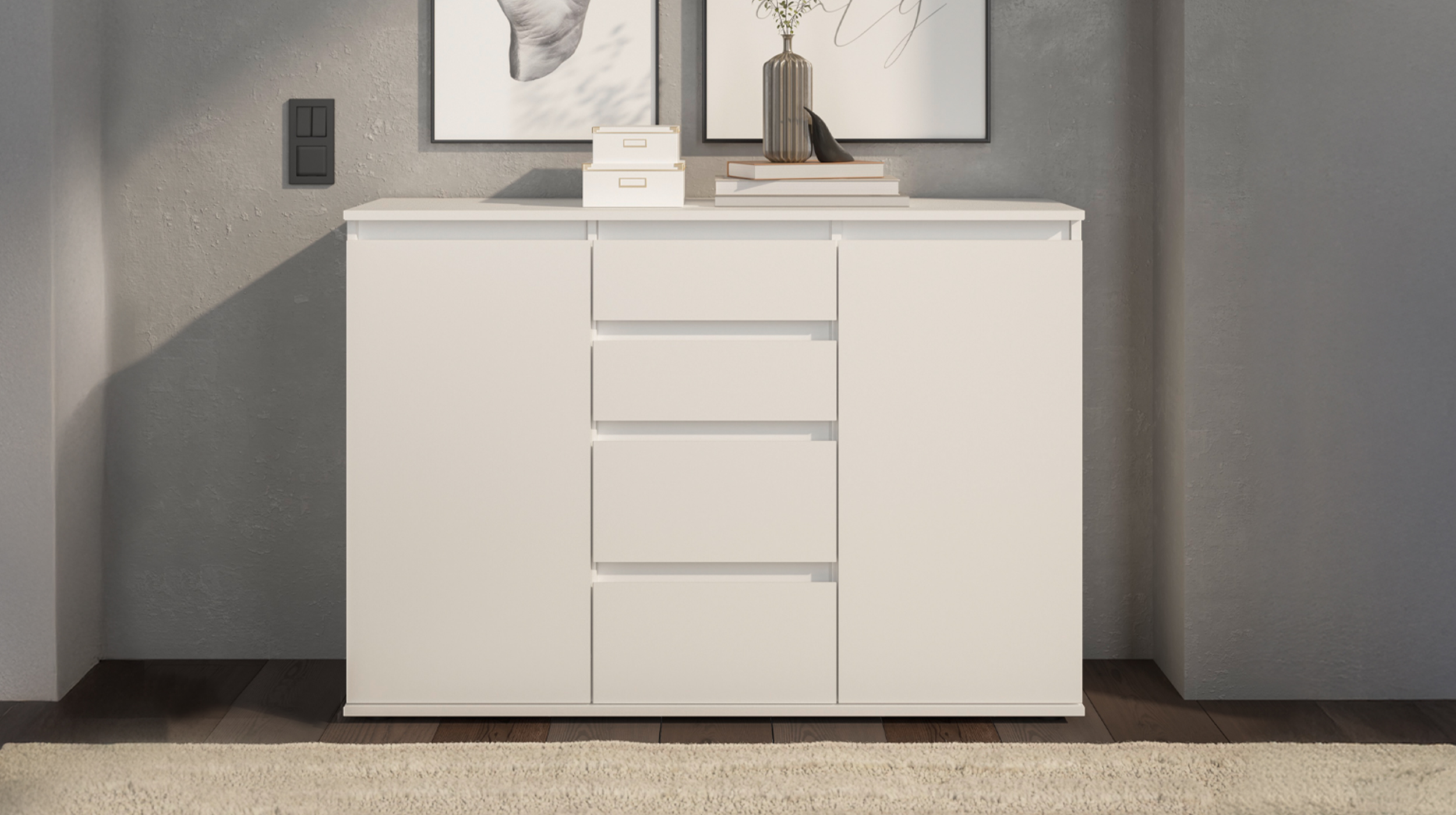 Kommode mit 4 Schubladen weiß 119 x 35 cm - 2-türig - BRESTA