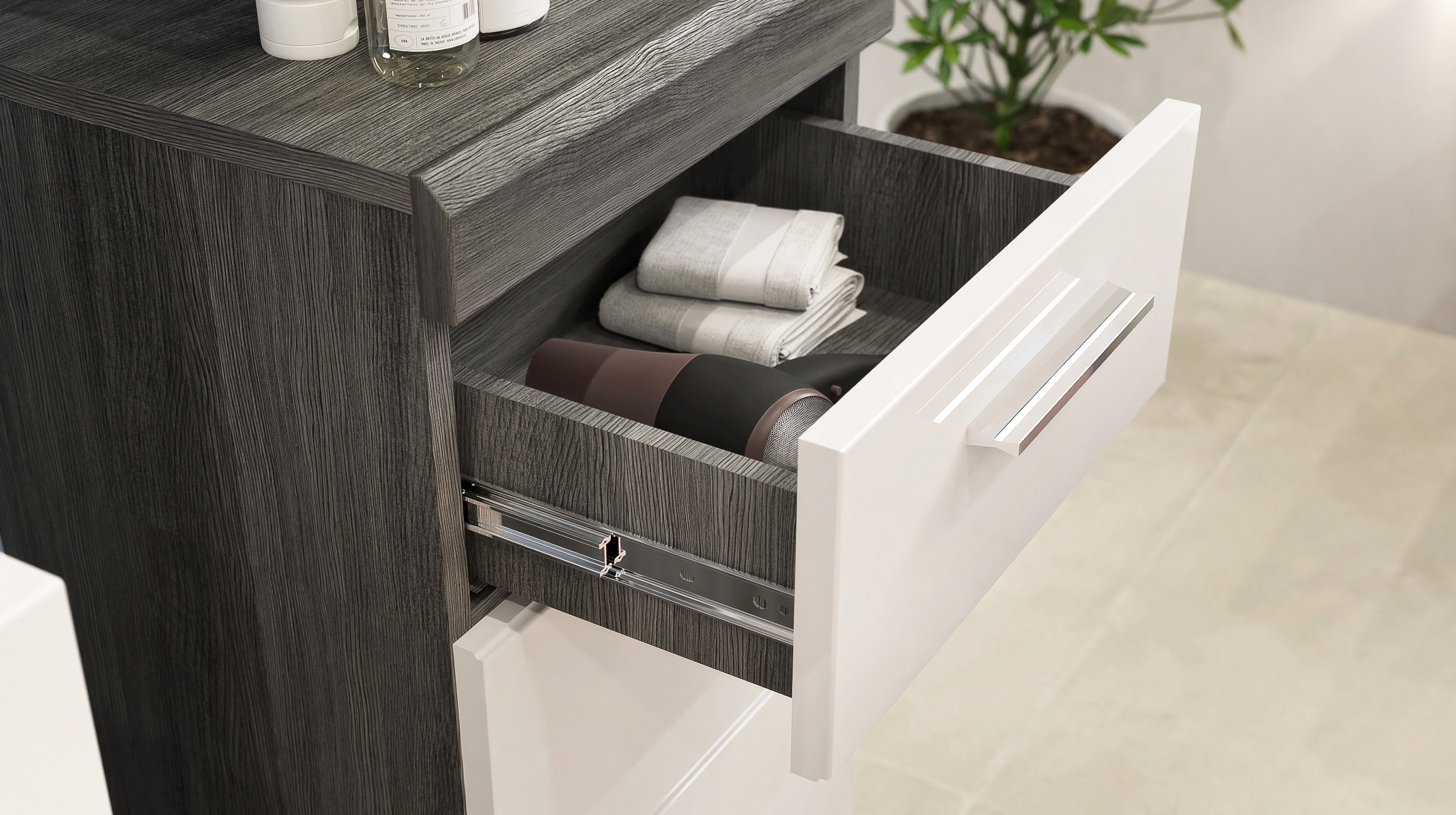 Bad Unterschrank weiß hochglanz - grau 37 cm - 1 Tür 1 Schublade - SCOUT