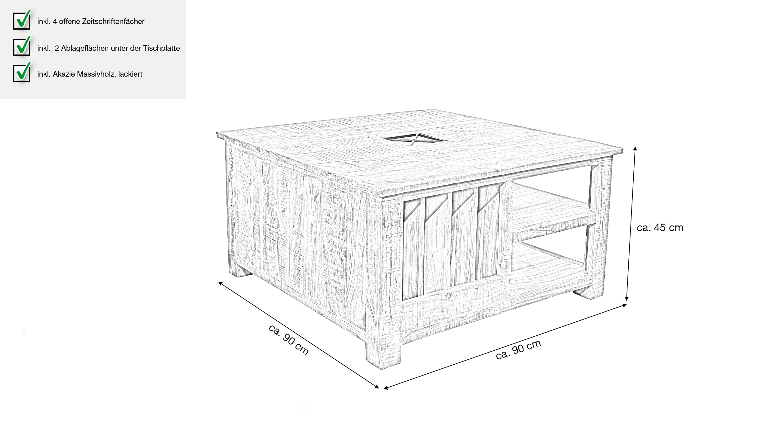 Couchtisch Akazie massiv lackiert 90 cm - montiert - ACANO