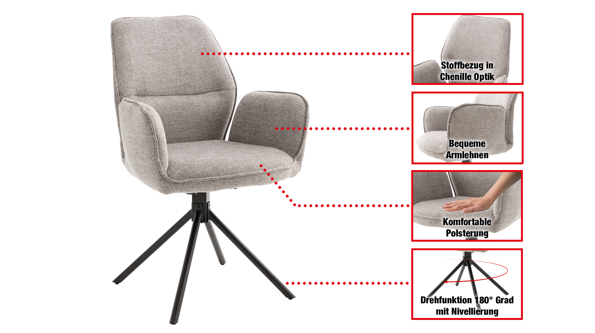 Armlehnstuhl grau Drehstuhl Stoffbezug Chenille Optik - GREYTON