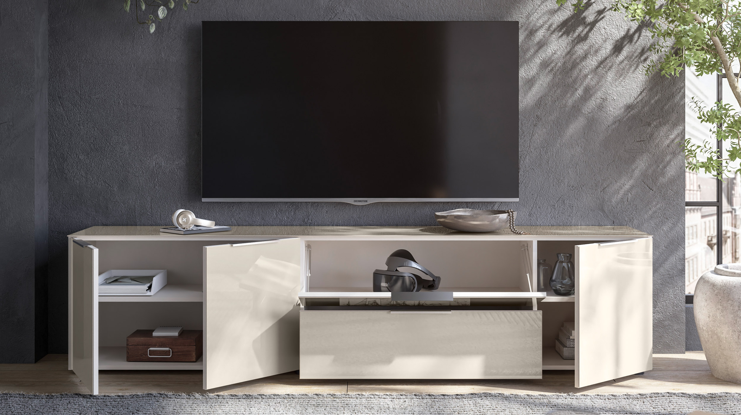 TV-Lowboard beige - Glasfront - 226 cm - SANTORIN