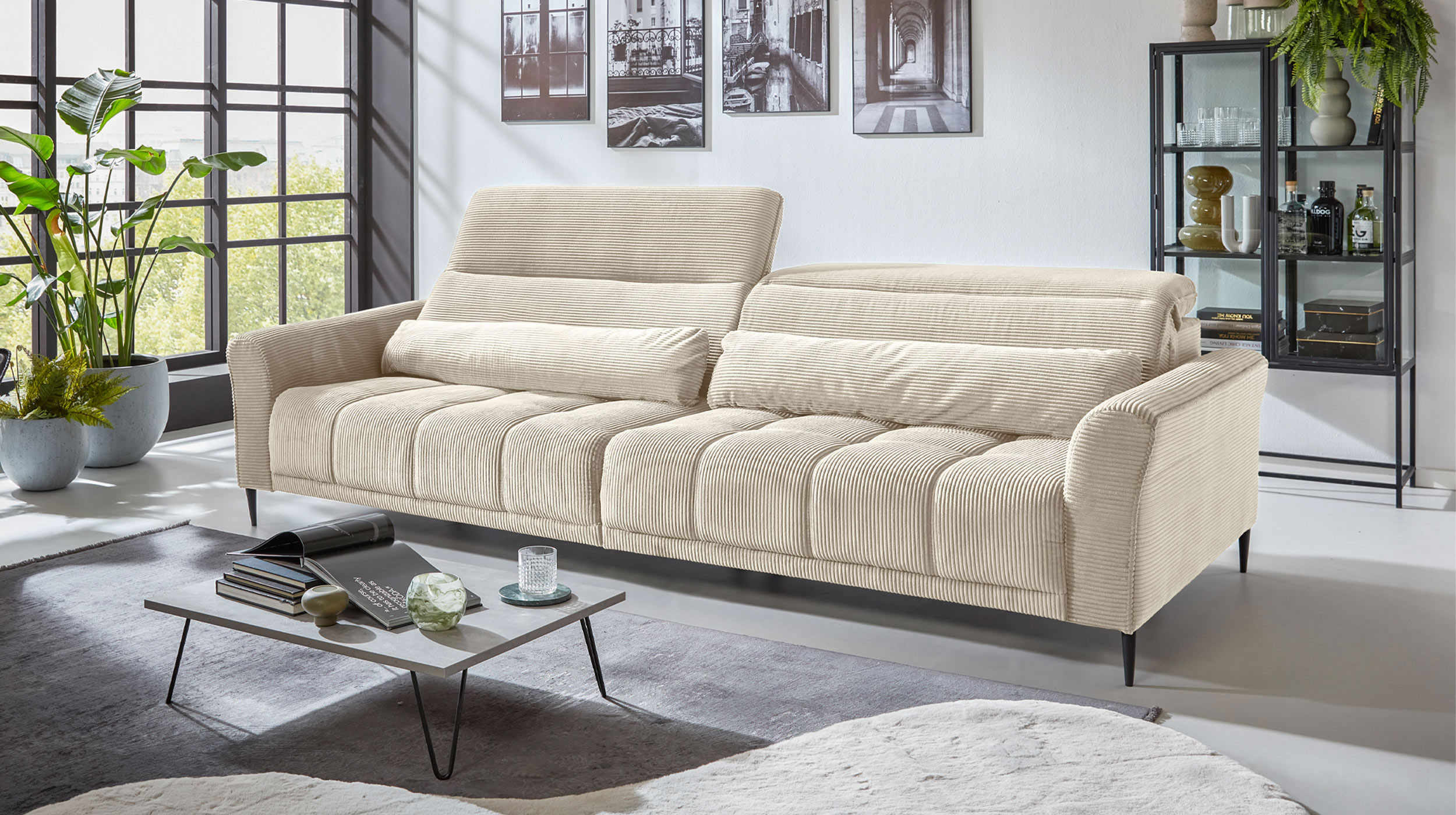Big Sofa Cord beige 280 cm - mit Nosagunterfederung - LOGAN