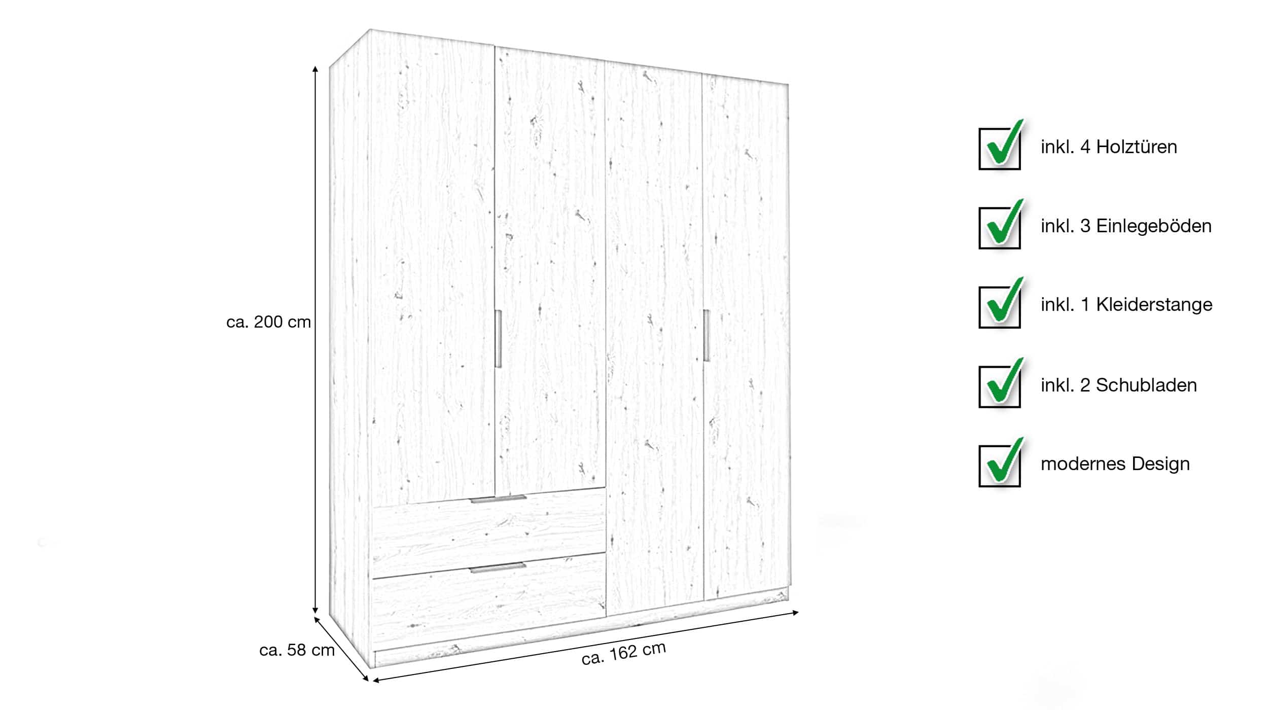 Kleiderschrank mit Schubladen 4-türig Eiche 162 cm - ESPRESSO