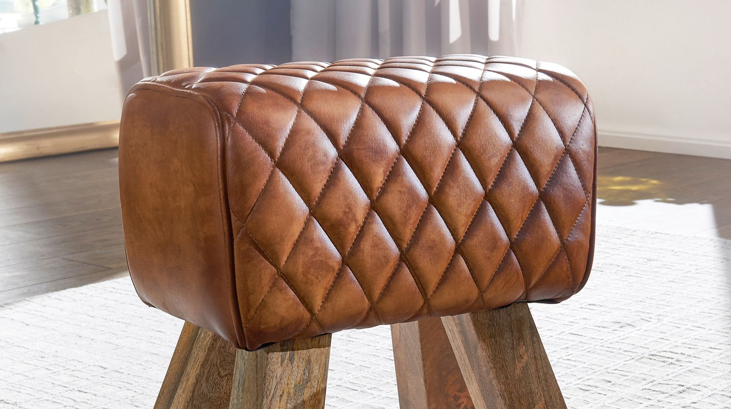 Sitz- & Fußhocker Echtleder braun - Mango massiv lackiert - RIST