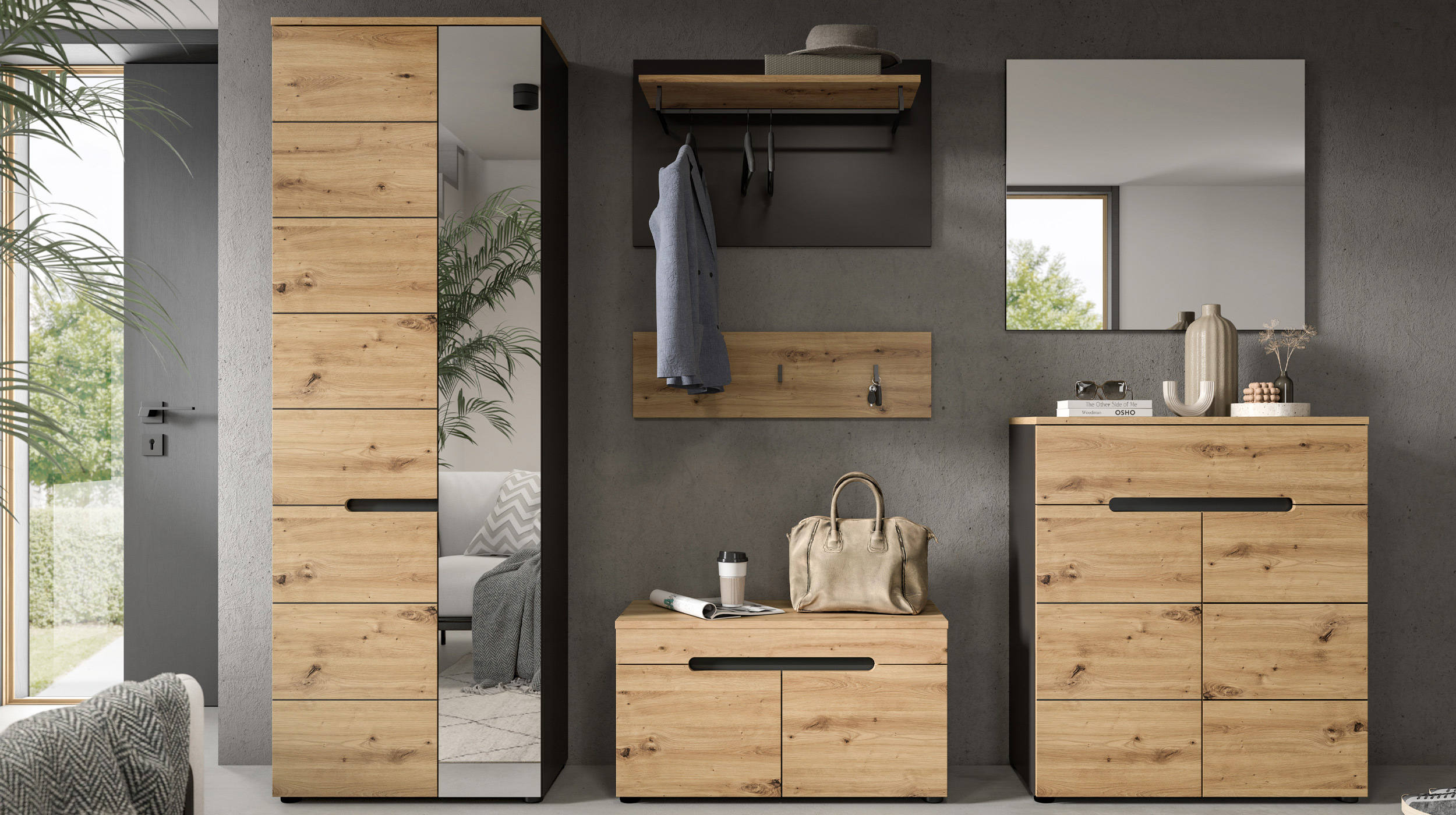 Garderobenschrank anthrazit Artisan Eiche 190 cm - CANU
