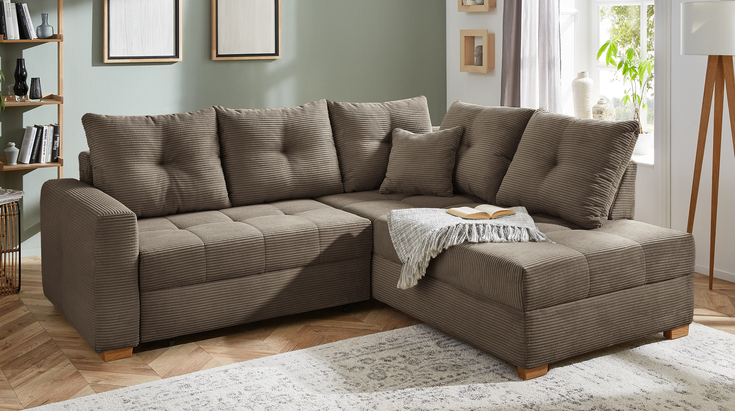 Ecksofa Cord taupe - Schlaffunktion Bettkasten 228 cm - HEIDELBERG
