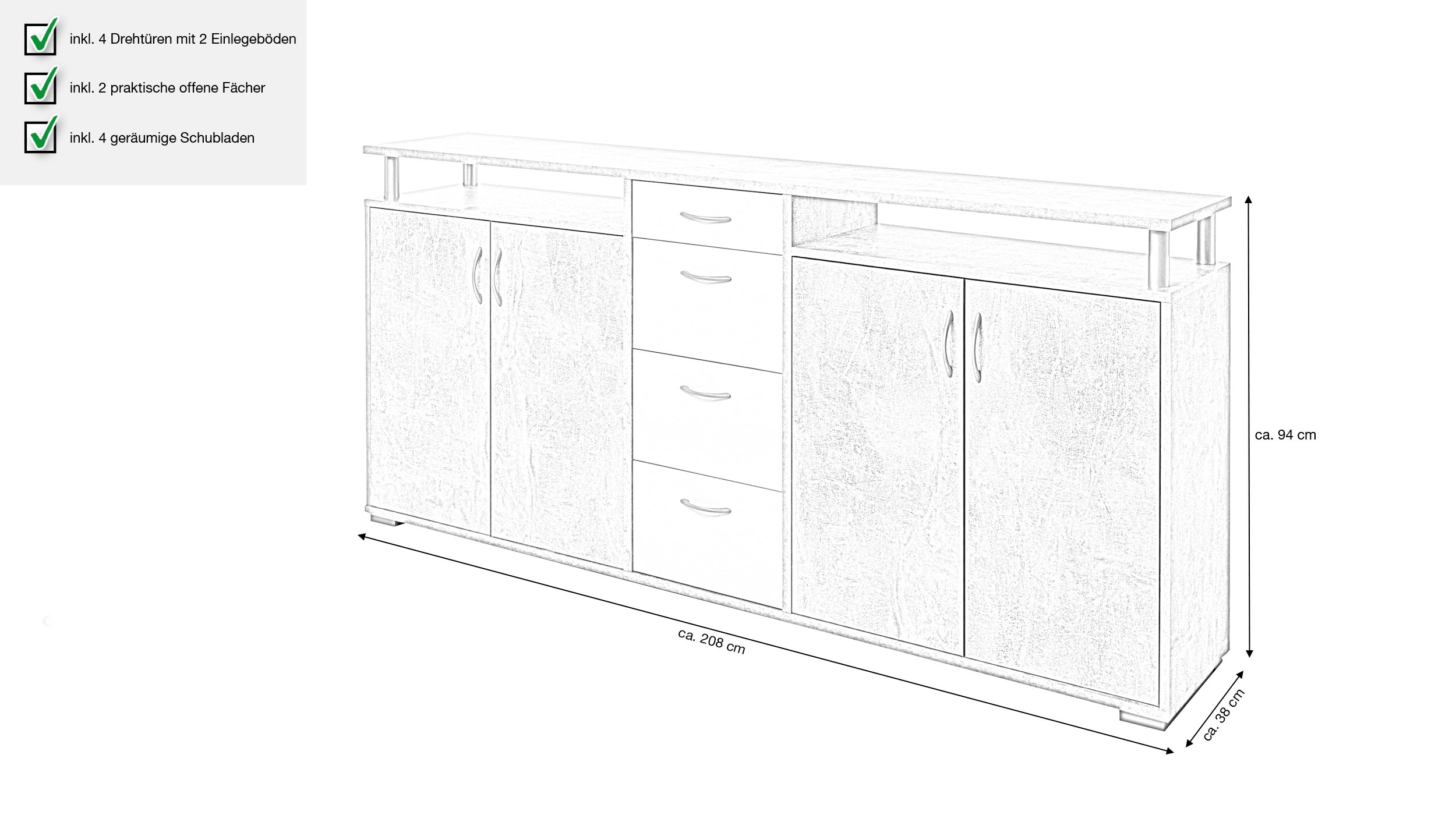 Sideboard weiß Betonoptik 208 cm 4-türig - MAXIMO