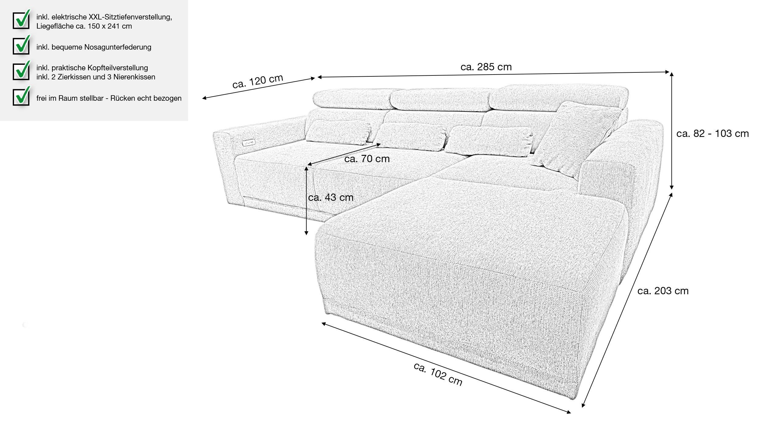 Ecksofa grau elektrisch ausfahrbar 285 cm - OT rechts - CASSIO 