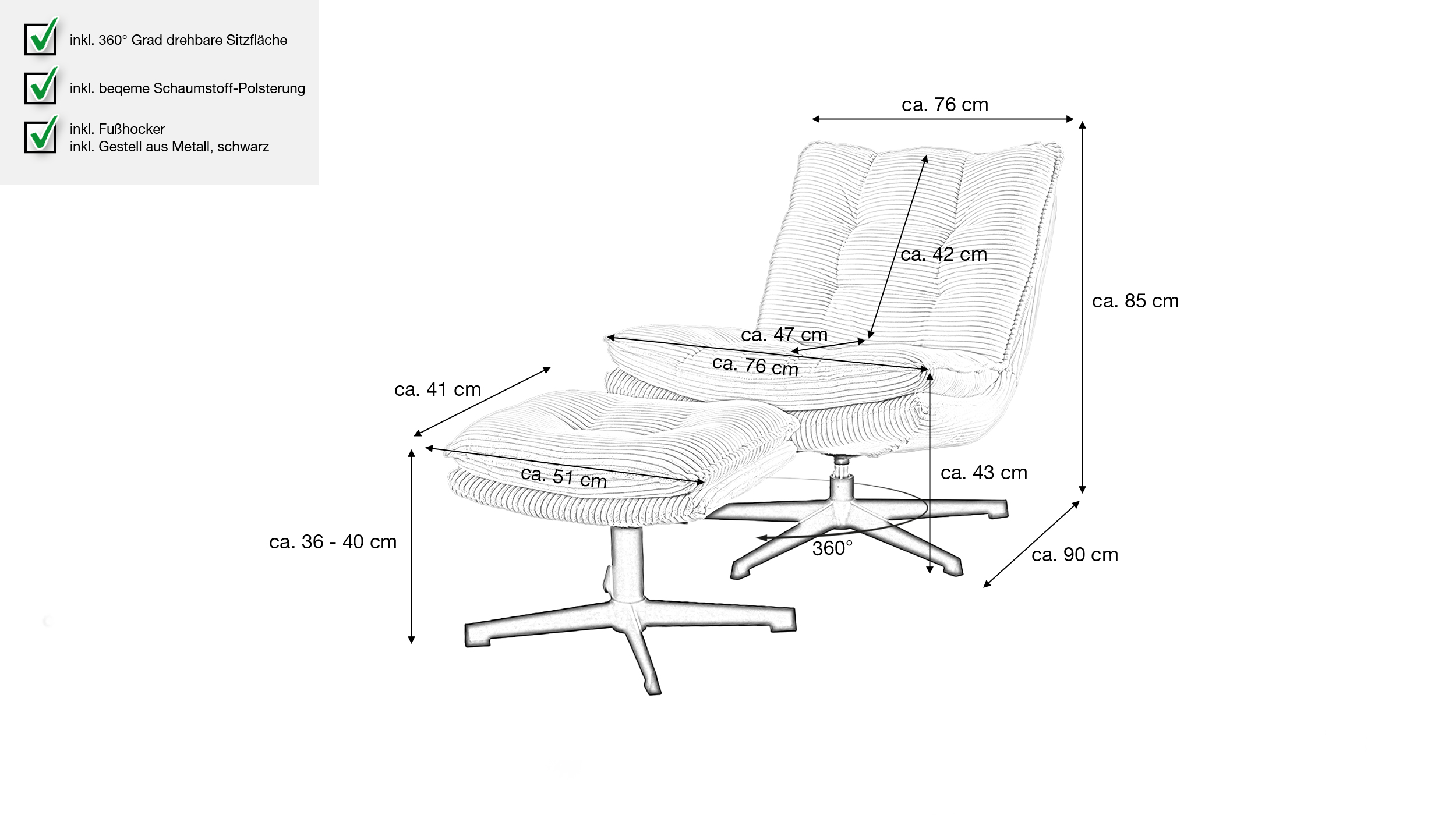 Relaxsessel mit Hocker grau Cord - drehbar - KASPER