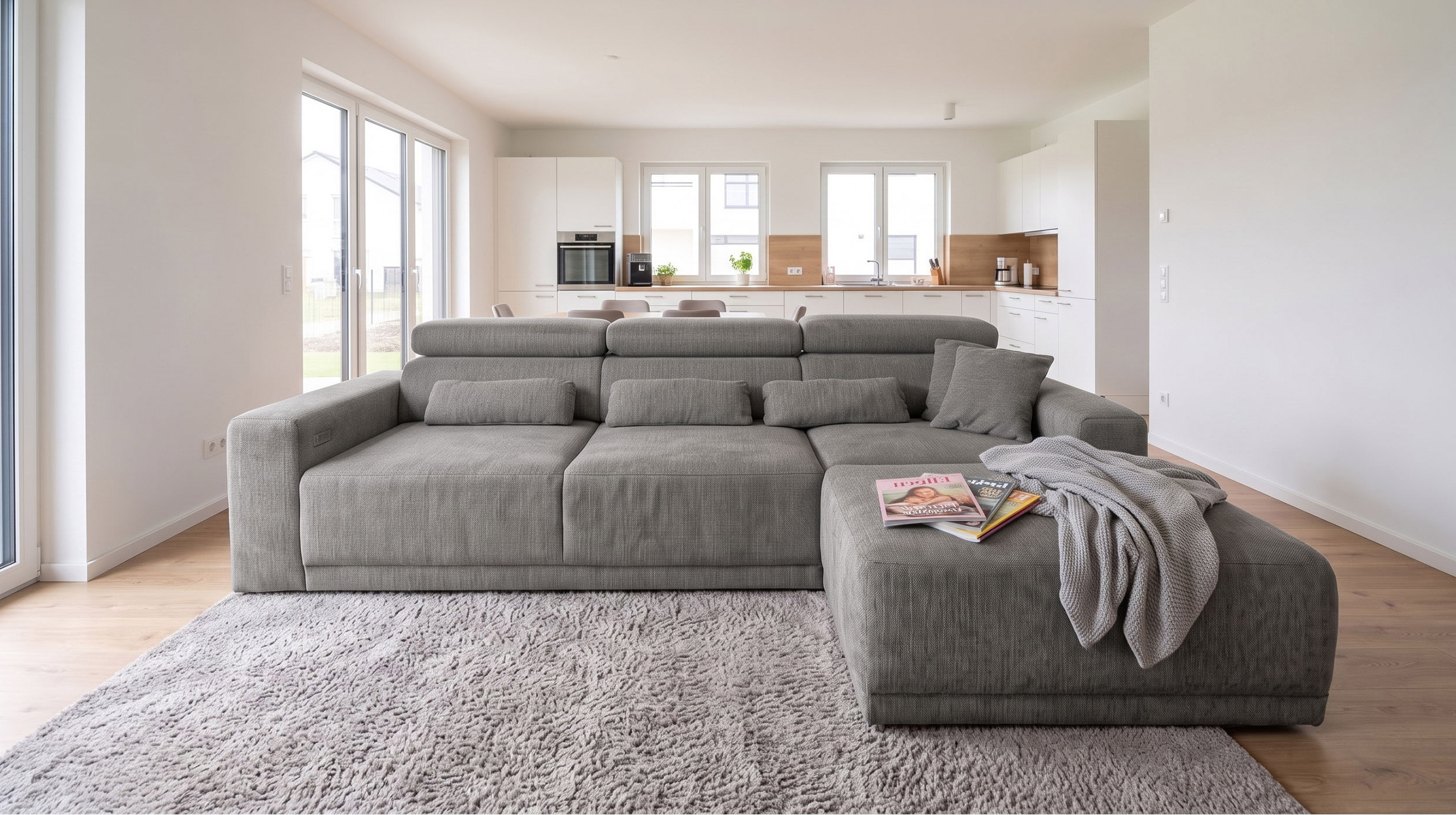 Ecksofa grau elektrisch ausfahrbar 285 cm - OT rechts - CASSIO 