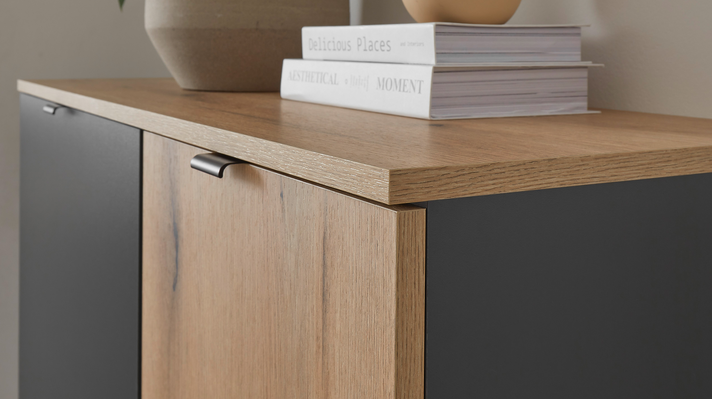 Highboard 3 Türen 2 Schubladen anthrazit - Eiche 103 cm - VINCE