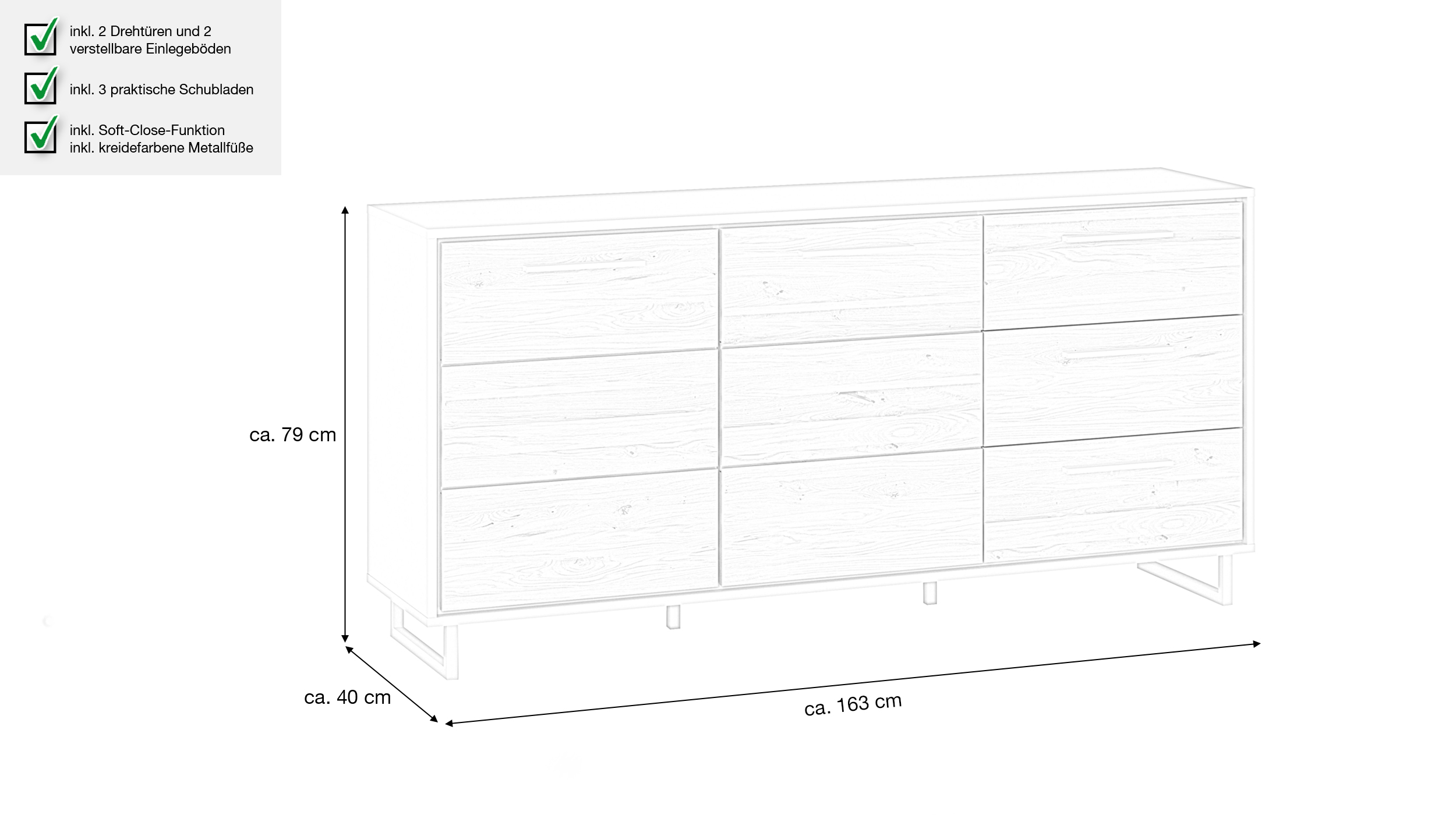 Sideboard mit 3 Schubladen Eiche teilmassiv geölt 163 cm - KAI 