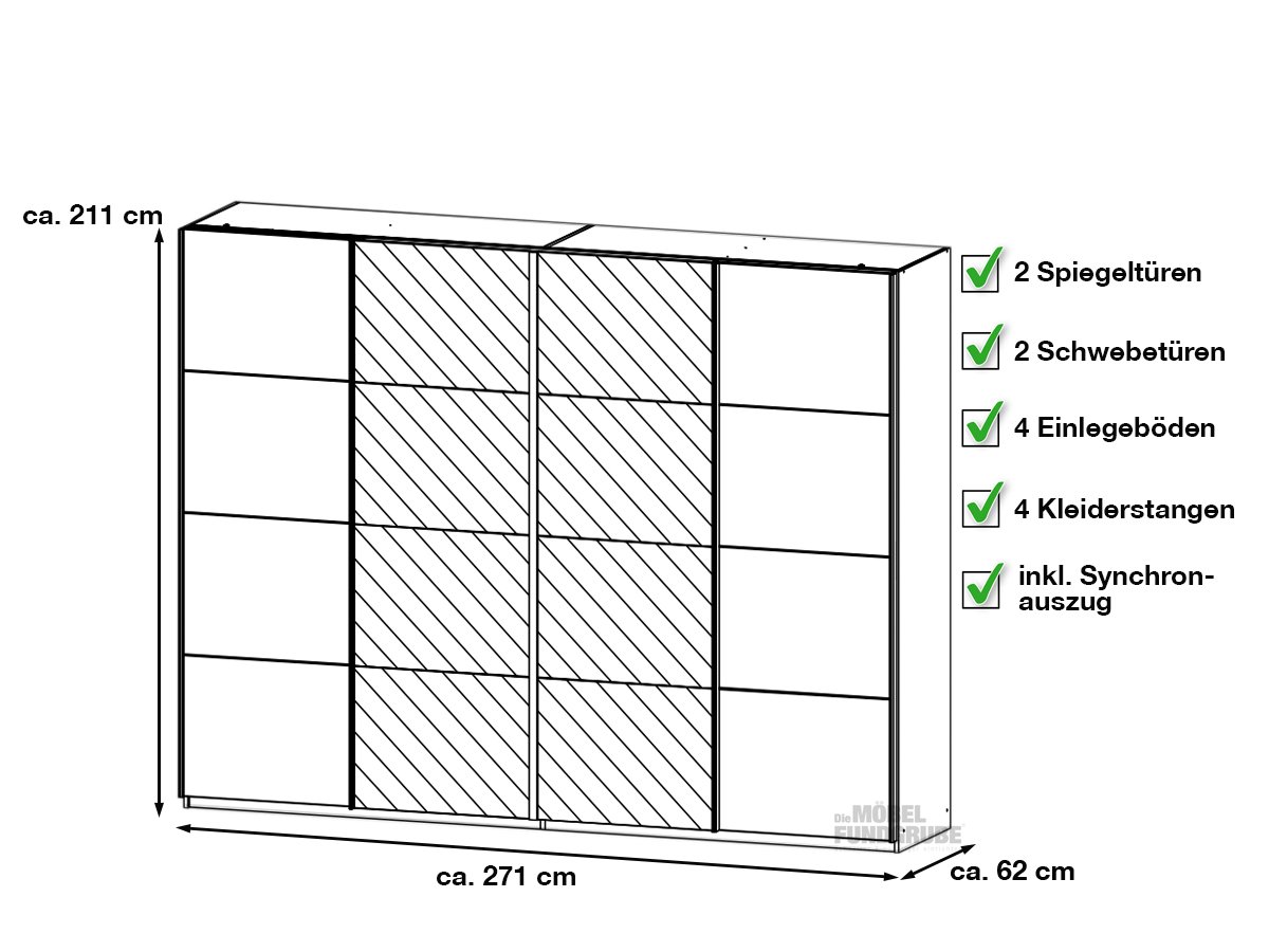 Schwebetürenschrank weiß Spiegel - 271 cm - rauch - SYNCRONO-A