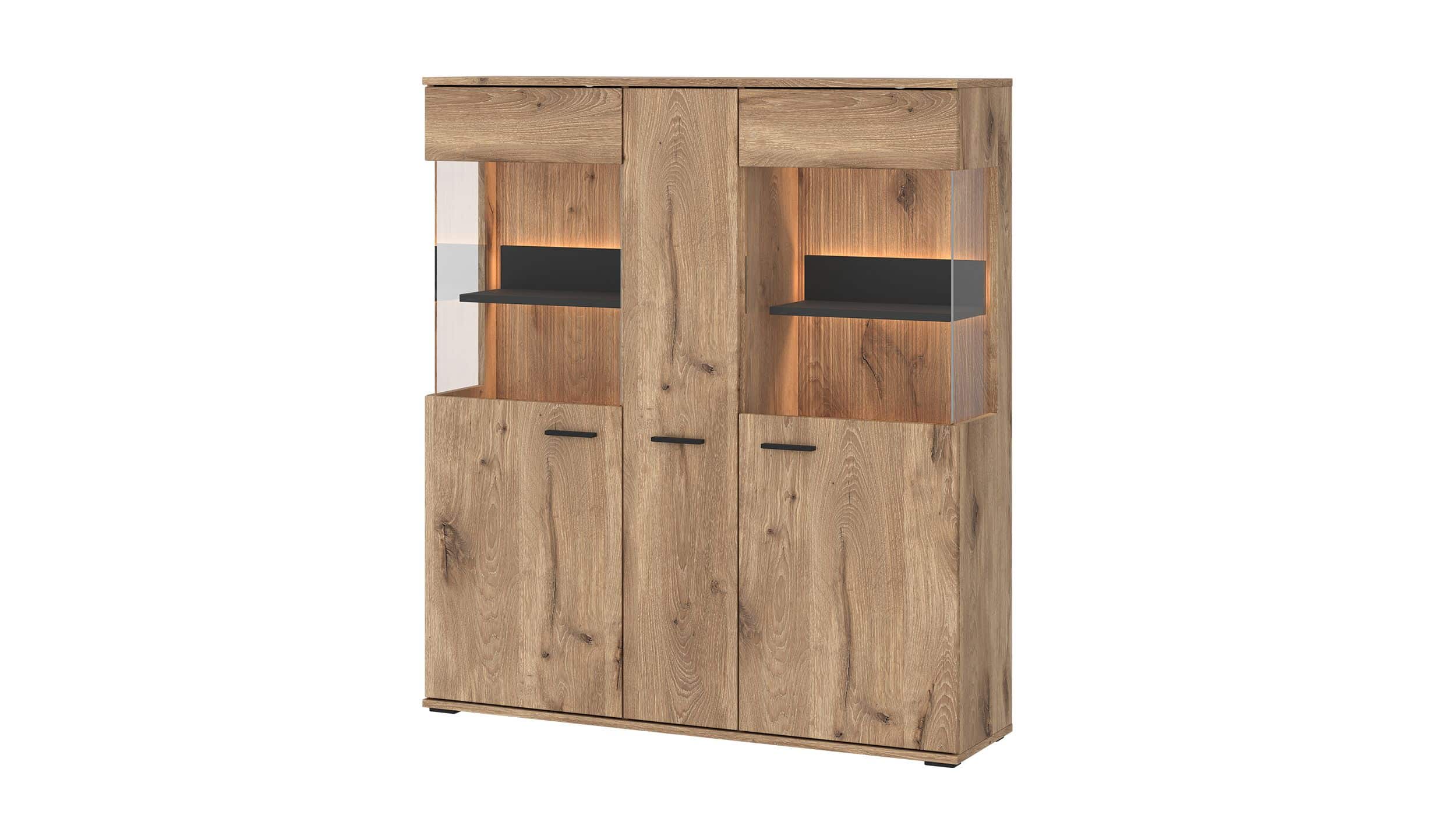 Highboard mit 2 Glastüren Viking Eiche - Anthrazit 115 cm - PARDOO