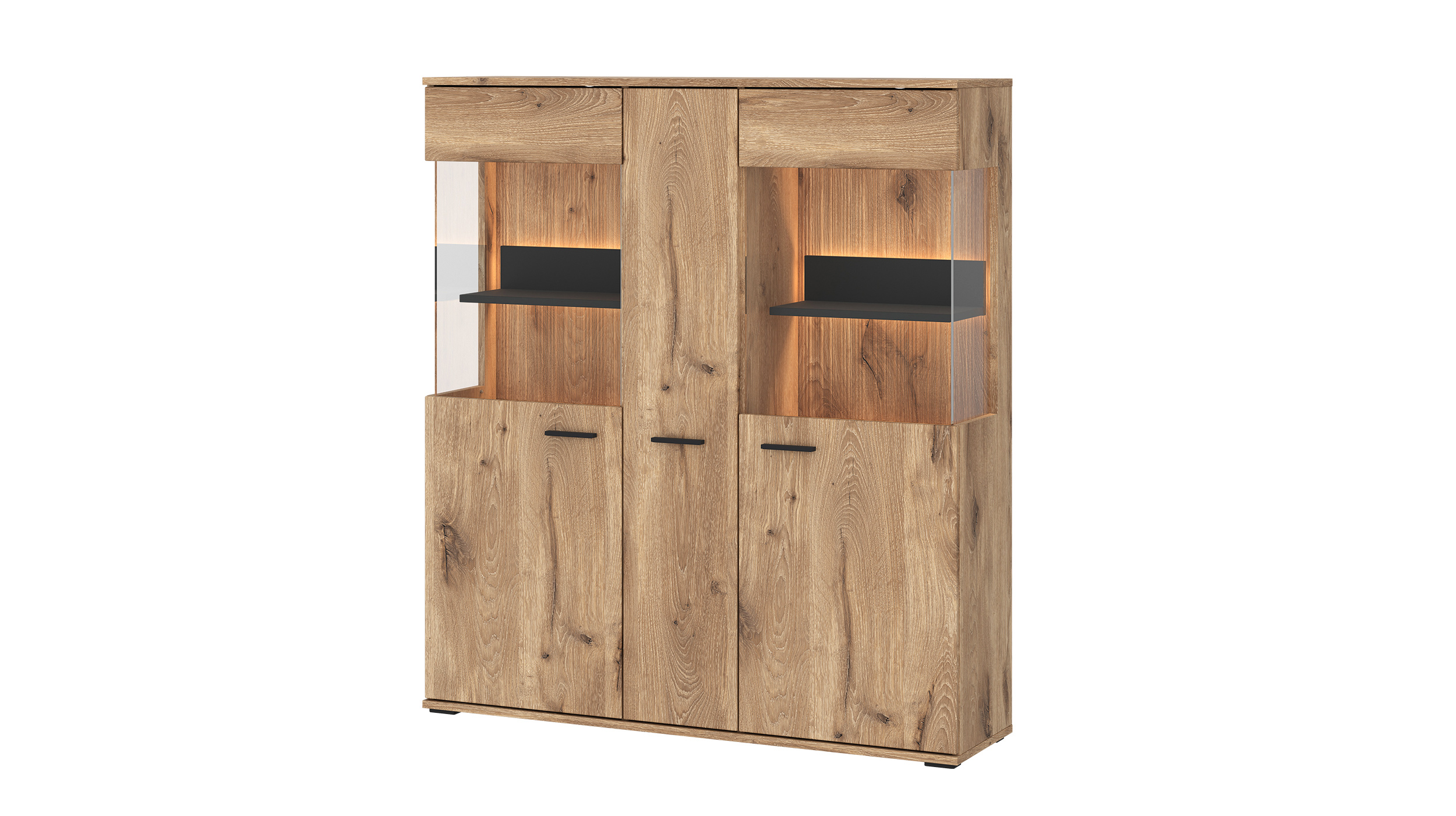 Highboard mit 2 Glastüren Viking Eiche - Beleuchtung 115 cm - PARDOO