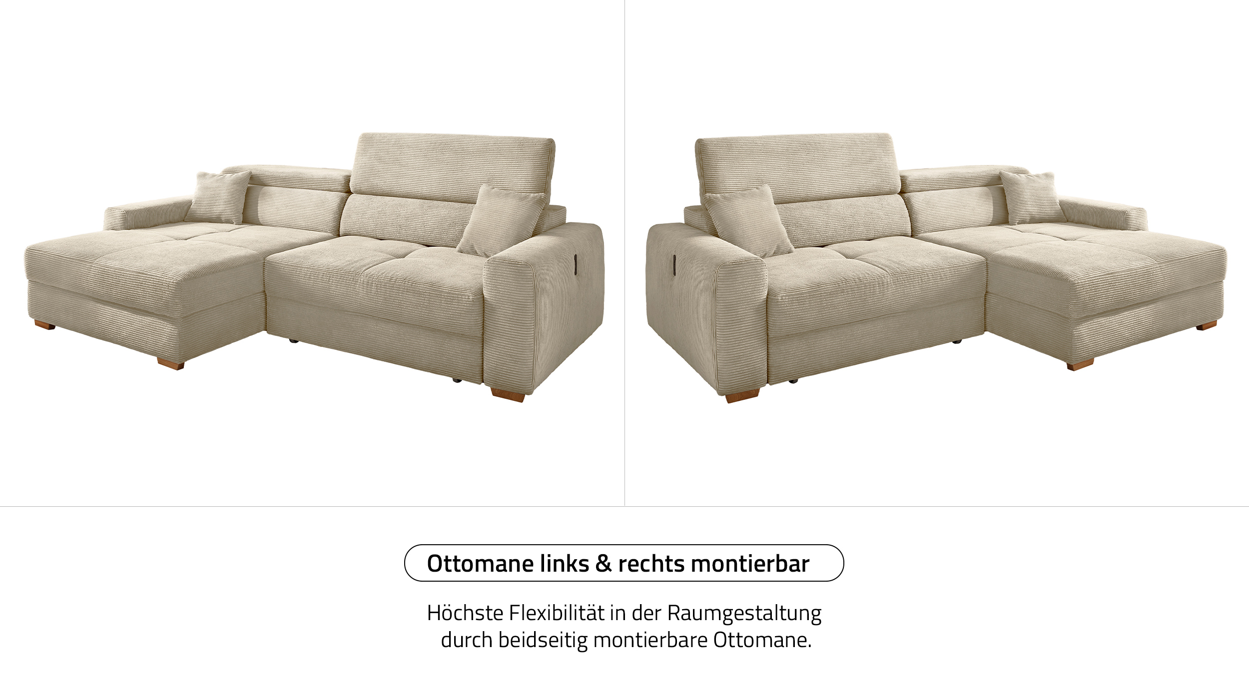Ecksofa Cord elektrisch ausfahrbar grau-beige 277 cm - SLIDER