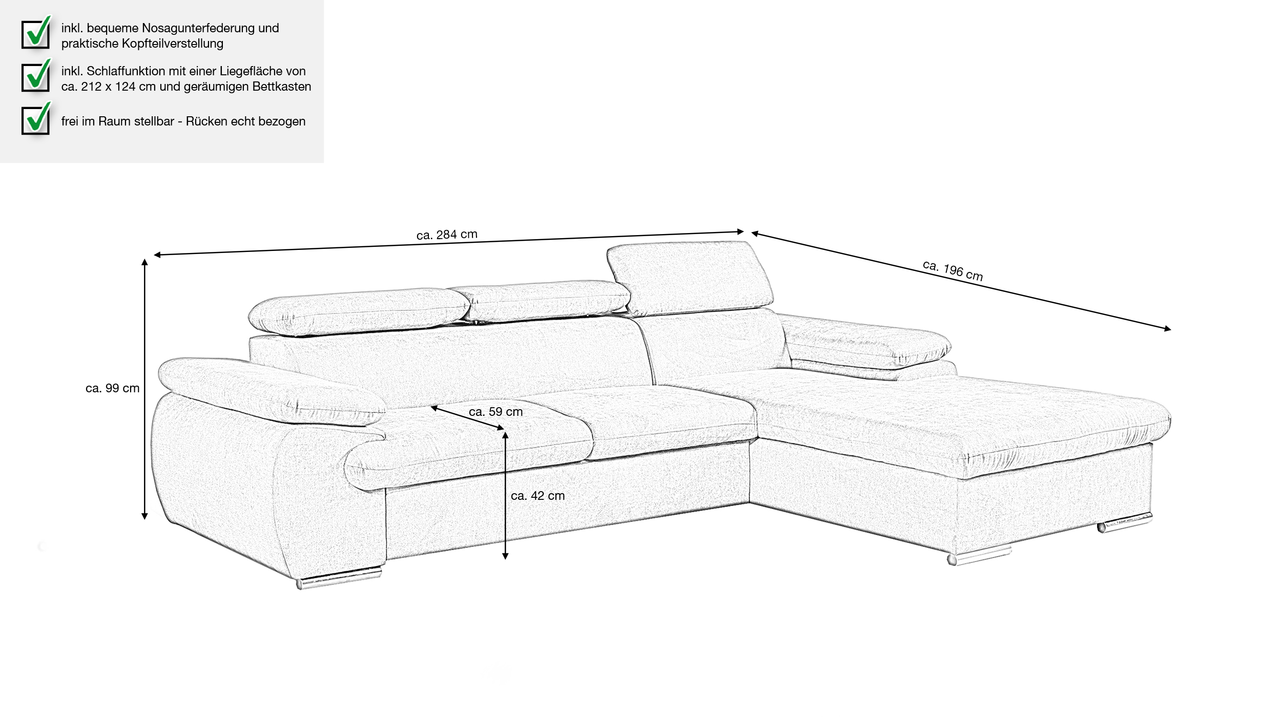 Ecksofa mit Schlaffunktion grau 284 x 196 cm - COAL  