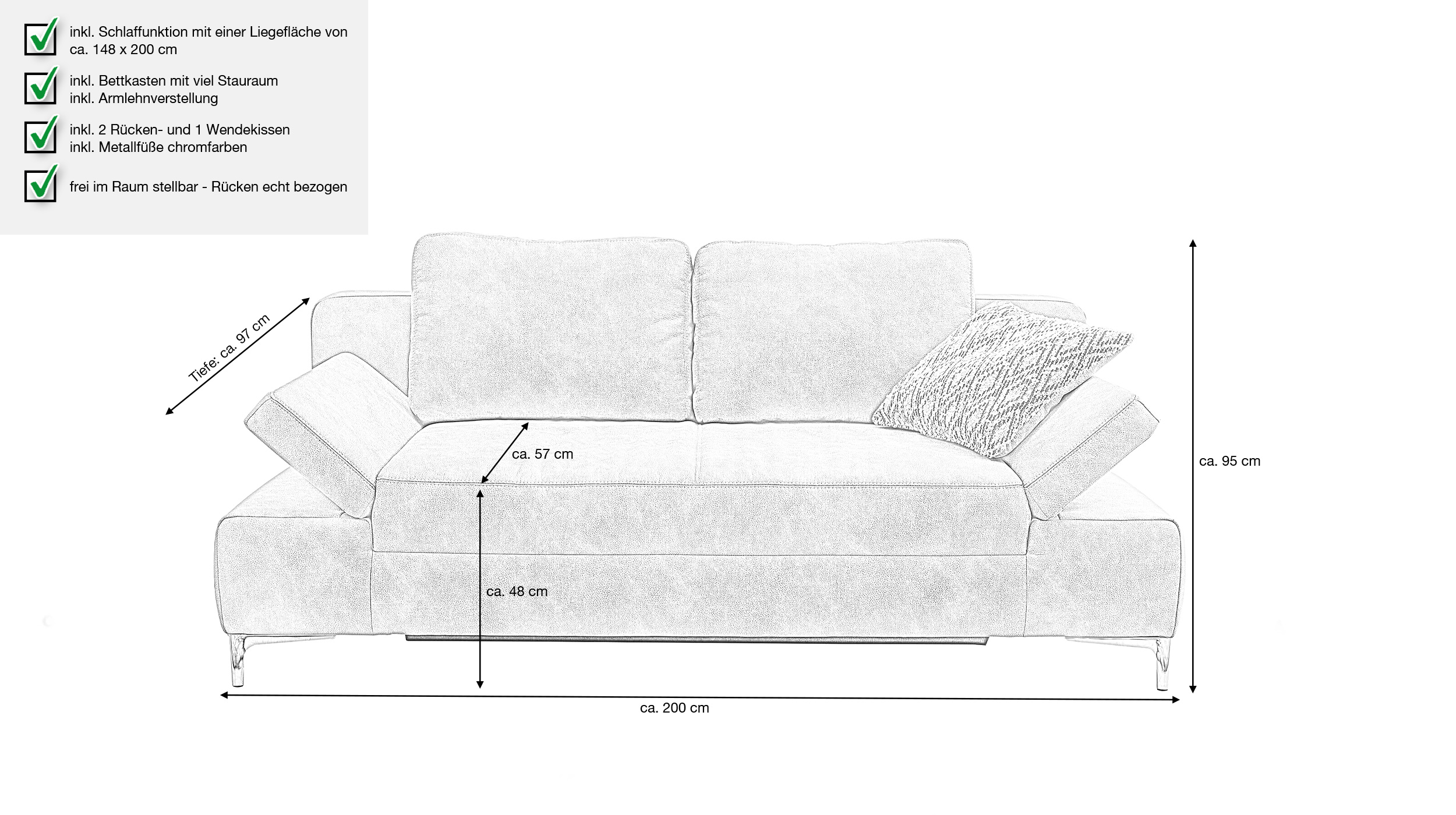 Schlafsofa grau mit Bettkasten Federkern 200 cm - JANO