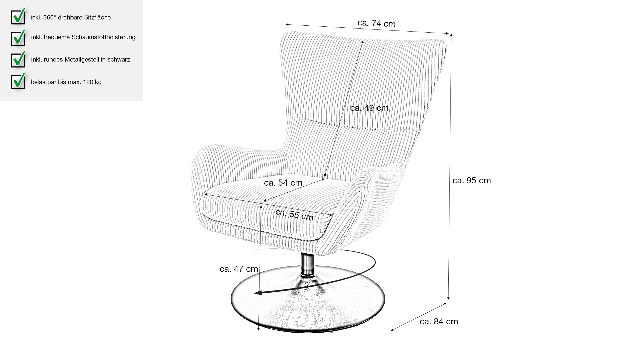Fernsehsessel Cord grün - 360° Drehfunktion - SOLANO