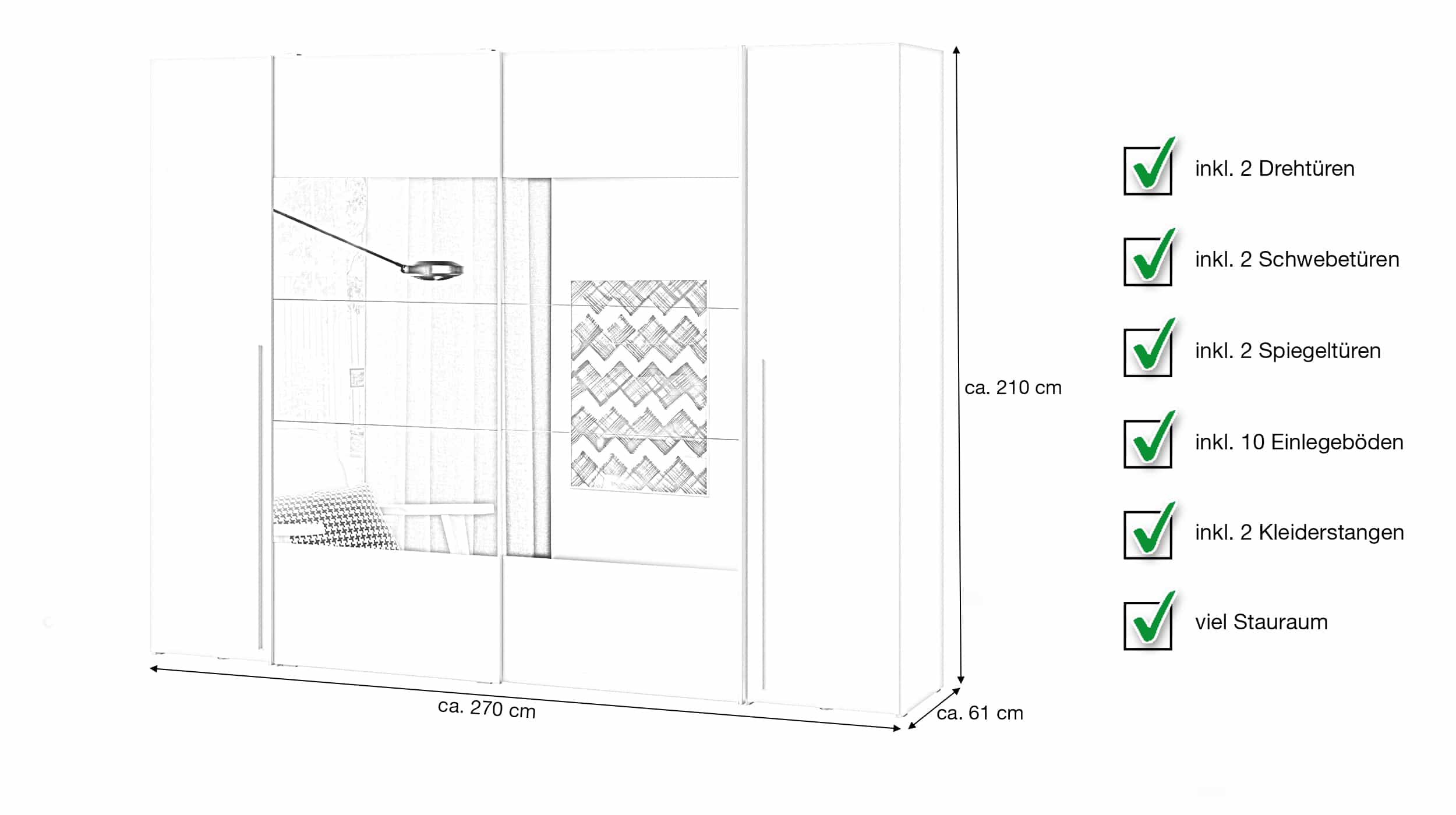 Kleiderschrank mit Spiegel weiß - 270 cm - Schwebetüren - NARAGO 