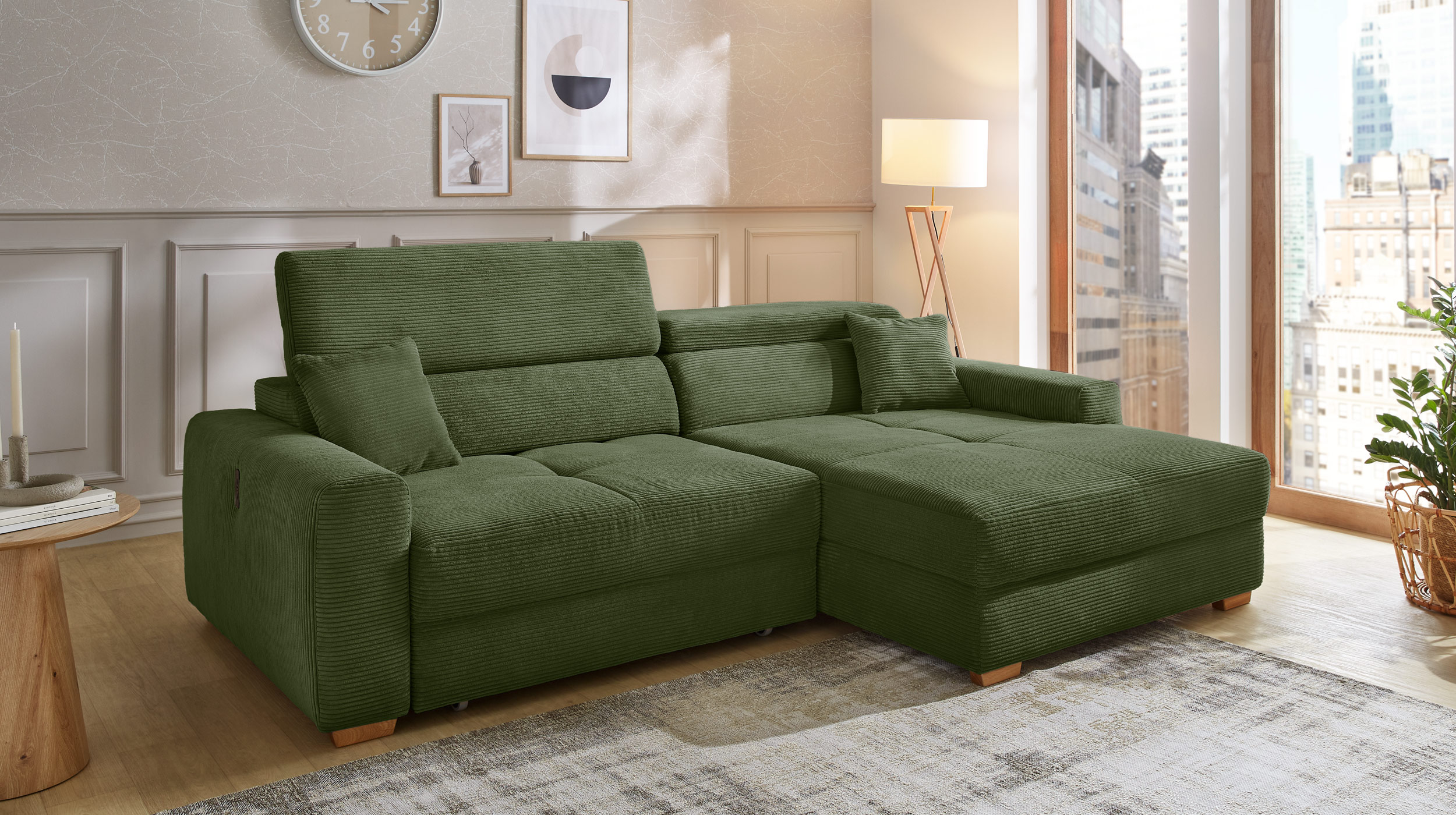 Ecksofa Cord elektrisch ausfahrbar grün 277 cm - SLIDER